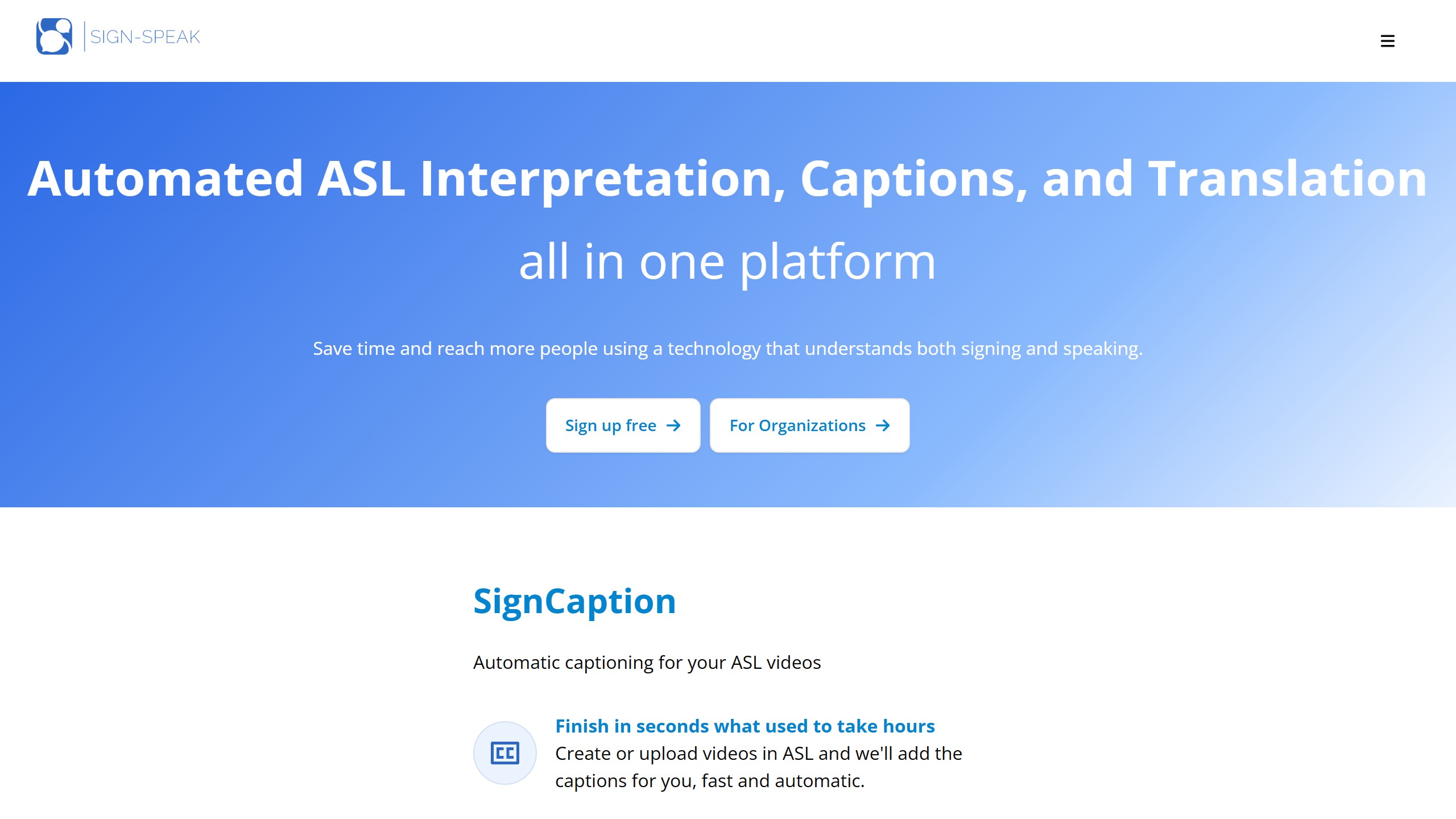 Sign-Speak homepage headline Automated ASL Interpretation, Captions, and Translation all in one platform, with Sign up free and For Organizations buttons and a SignCaption section
