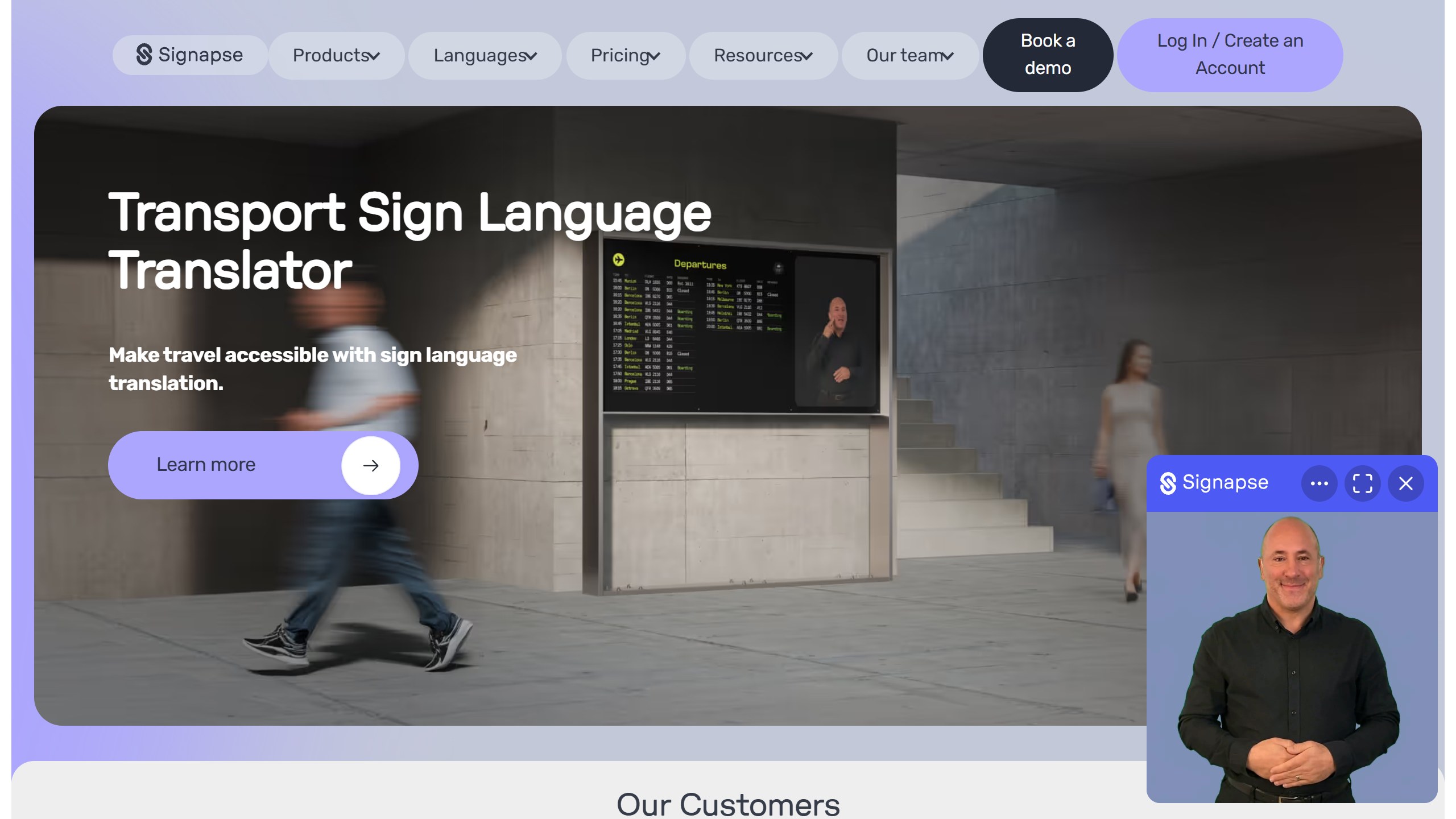 Signapse homepage headline Transport Sign Language Translator, Make travel accessible with sign language translation, showing a departures board with a signer and a signing video player