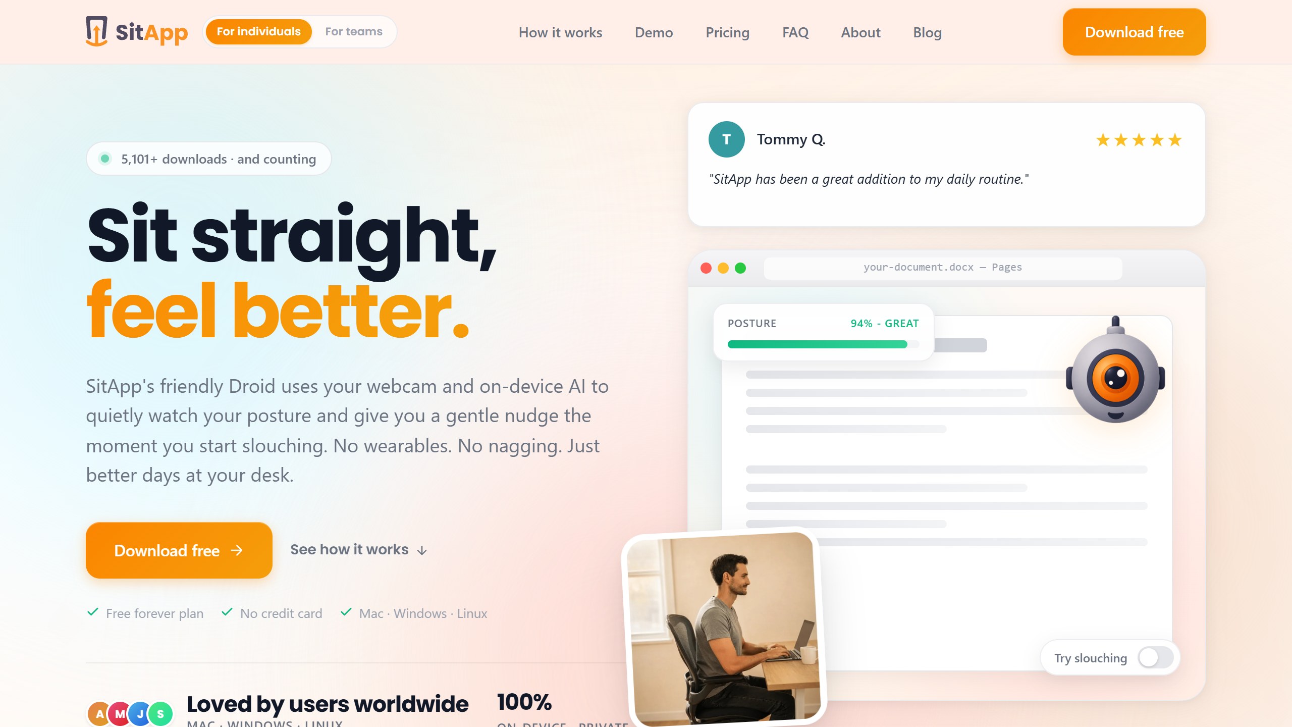 SitApp homepage headline Sit straight, feel better, saying its Droid uses your webcam and on-device AI to watch your posture, with Free forever plan, No credit card and Mac, Windows, Linux noted