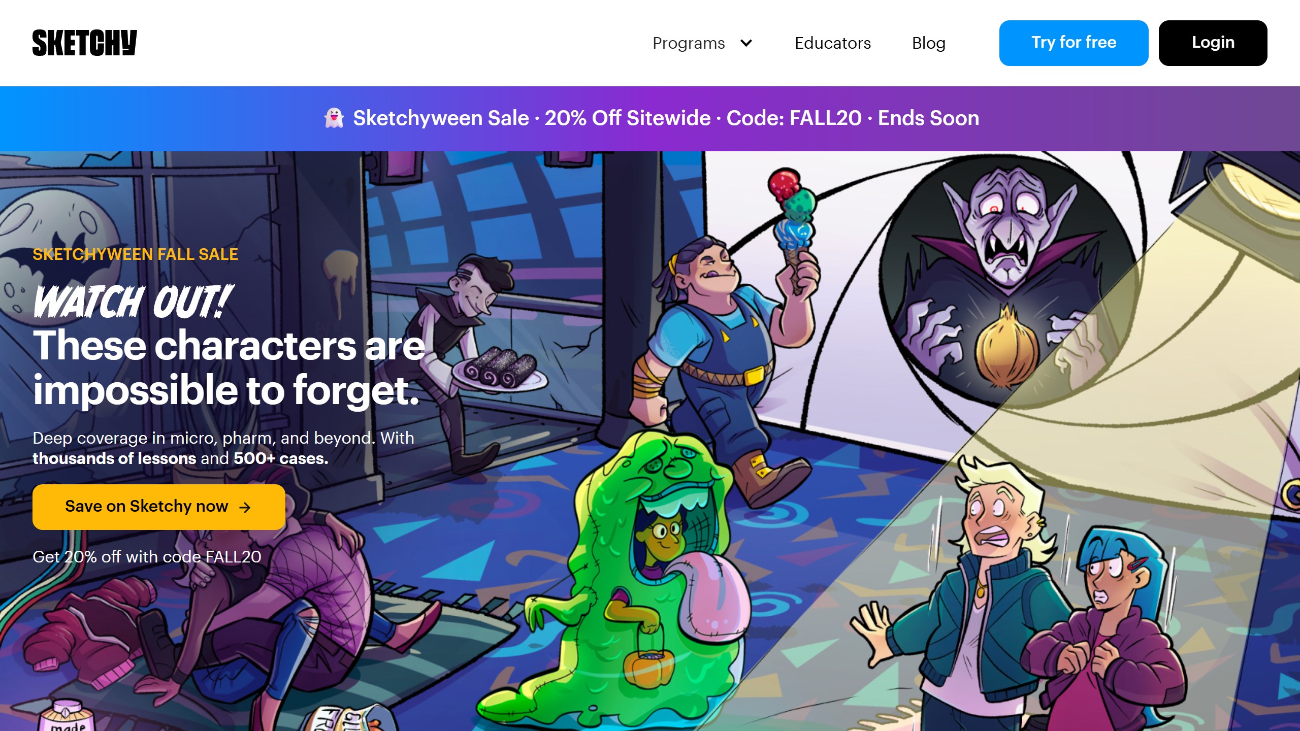 Sketchy homepage with a Sketchyween fall sale banner for 20% off sitewide and a cartoon scene headed These characters are impossible to forget