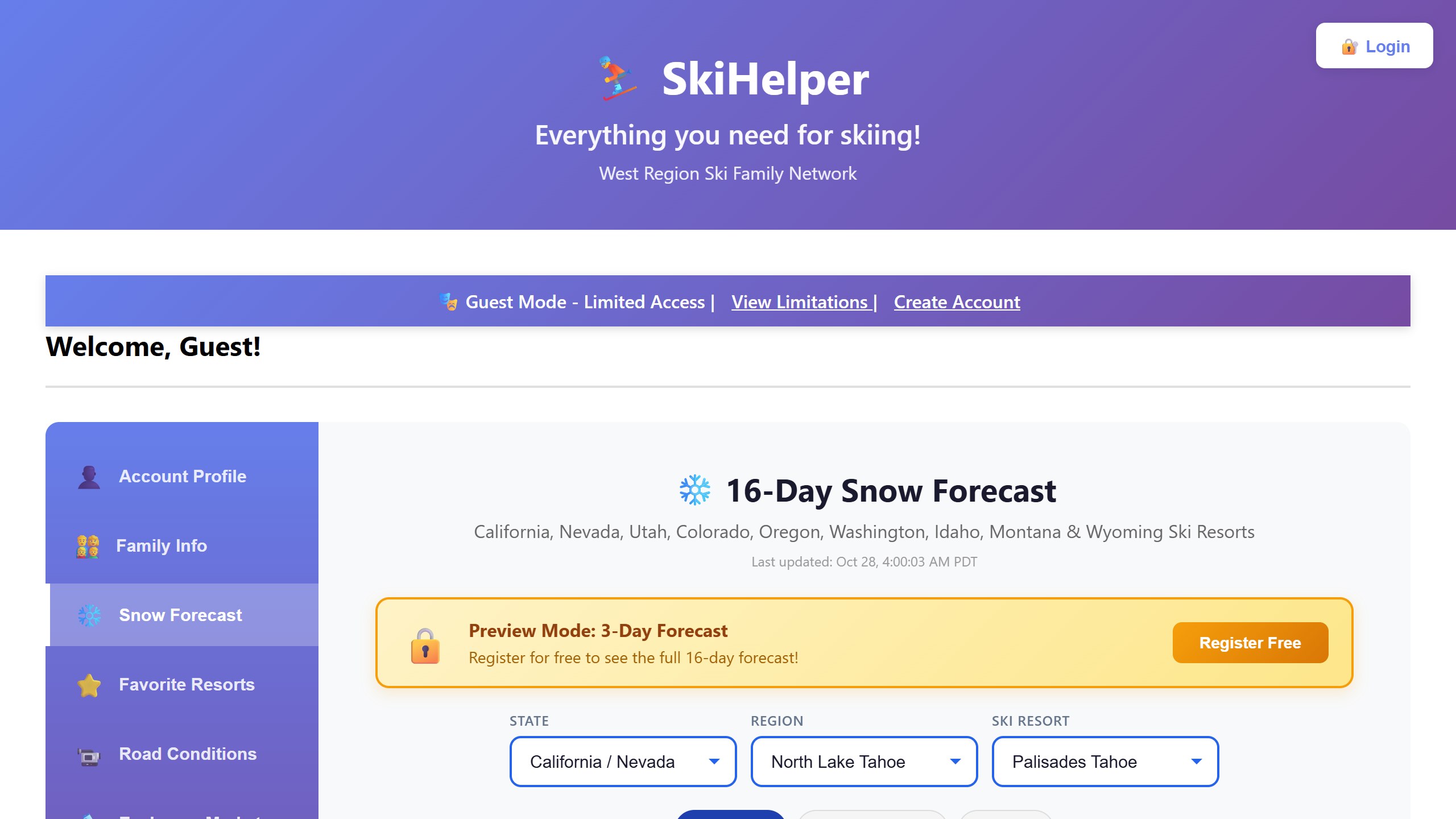 SkiHelper homepage headline Everything you need for skiing, West Region Ski Family Network, opening on a guest view with a snow forecast for western US ski resorts