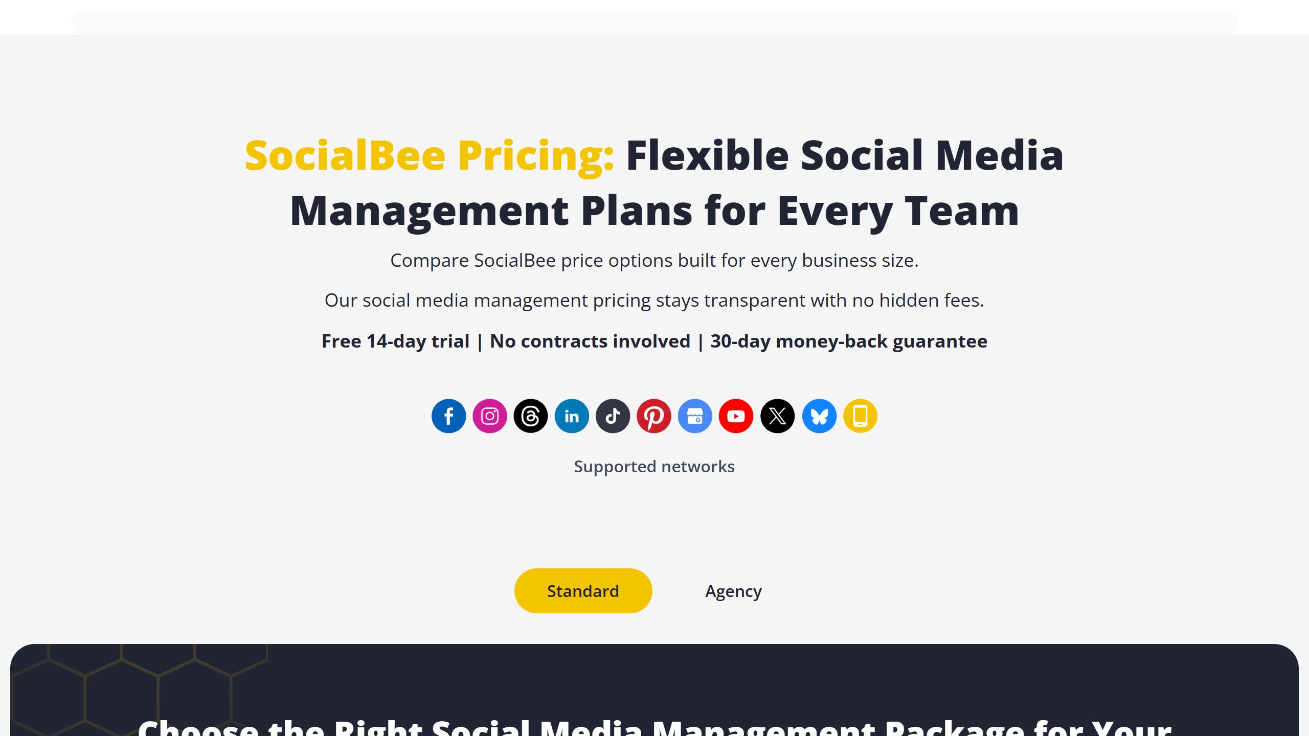 SocialBee pricing page header with a free 14-day trial, no contracts, a 30-day money-back guarantee and icons for supported networks including Threads, Google Business Profile and Bluesky