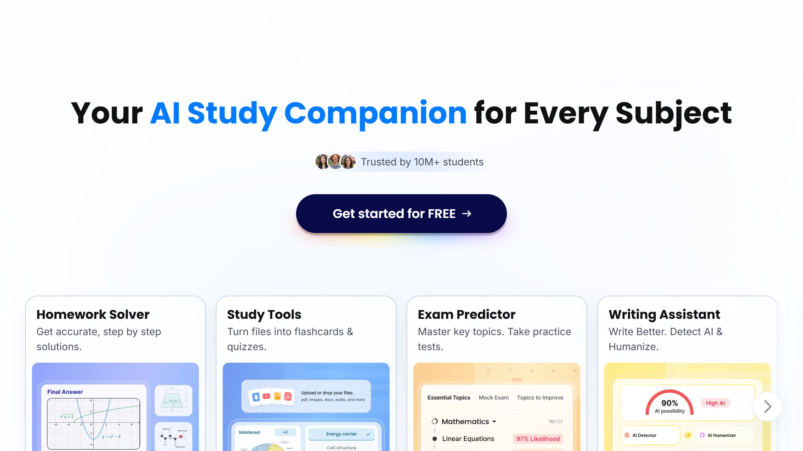 Solvely homepage headline Your AI Study Companion for Every Subject, with feature cards for Homework Solver, Study Tools, Exam Predictor and Writing Assistant
