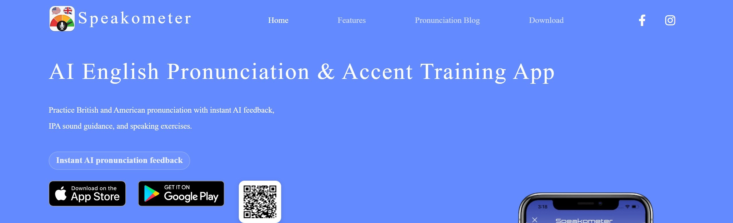 Speakometer homepage headline AI English Pronunciation and Accent Training App, offering British and American pronunciation practice with instant AI feedback and IPA sound guidance