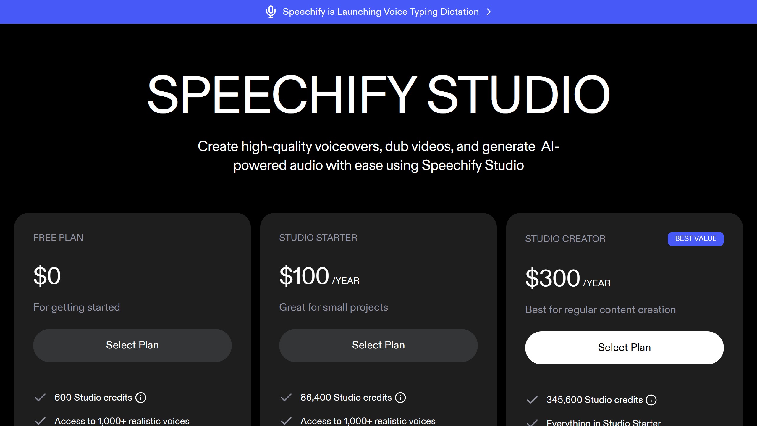 Speechify Studio pricing page showing the Free plan with 600 Studio credits, Studio Starter at $100 a year with 86,400 credits and Studio Creator at $300 a year with 345,600 credits