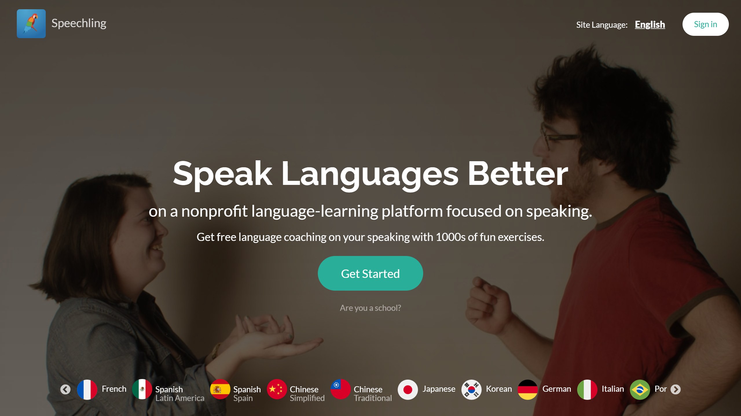 Speechling homepage headline Speak Languages Better on a nonprofit language learning platform focused on speaking, offering free language coaching and a list of languages