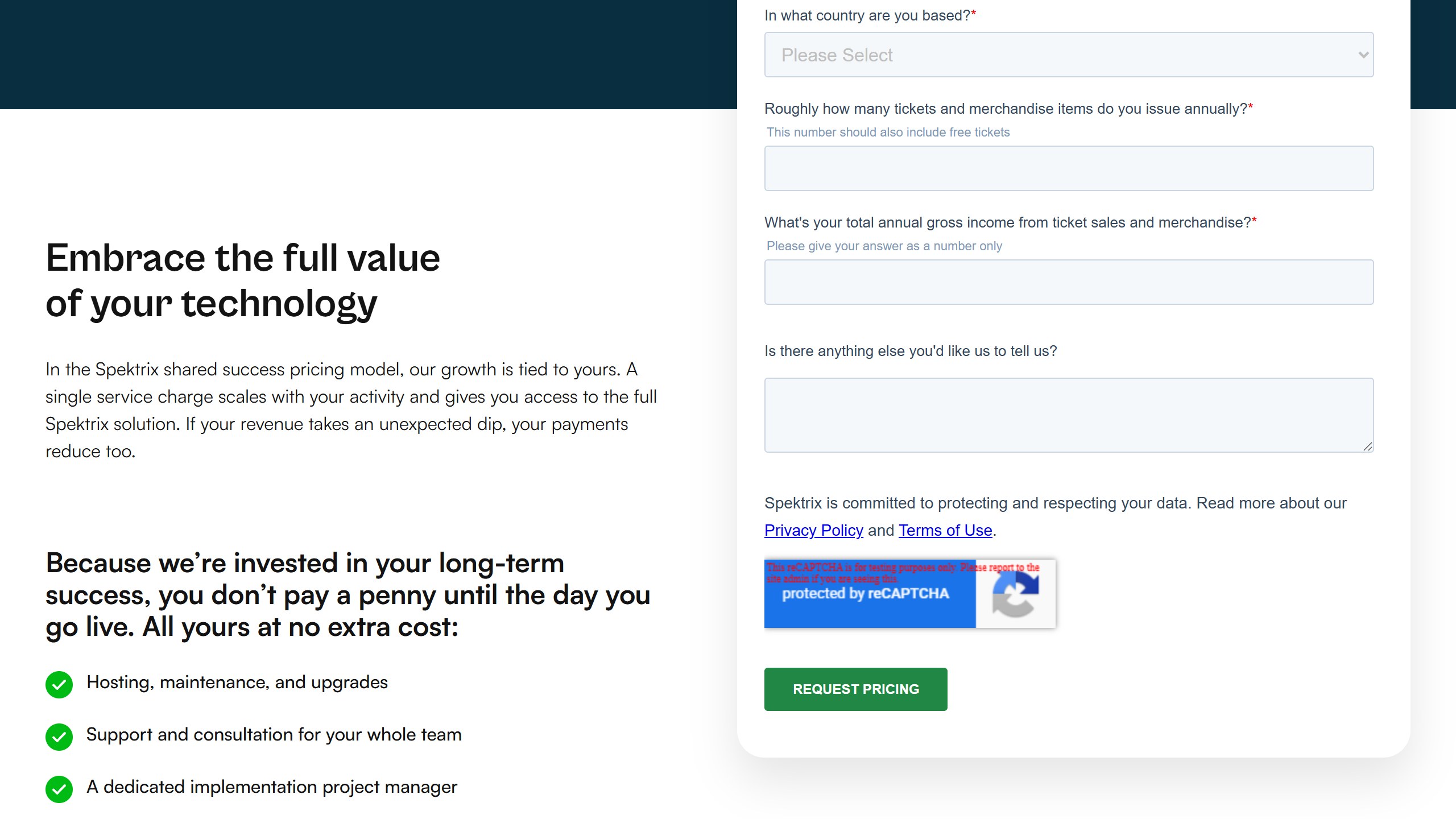 Spektrix pricing page describing its shared success pricing model, where a single service charge scales with activity, beside a Request Pricing form
