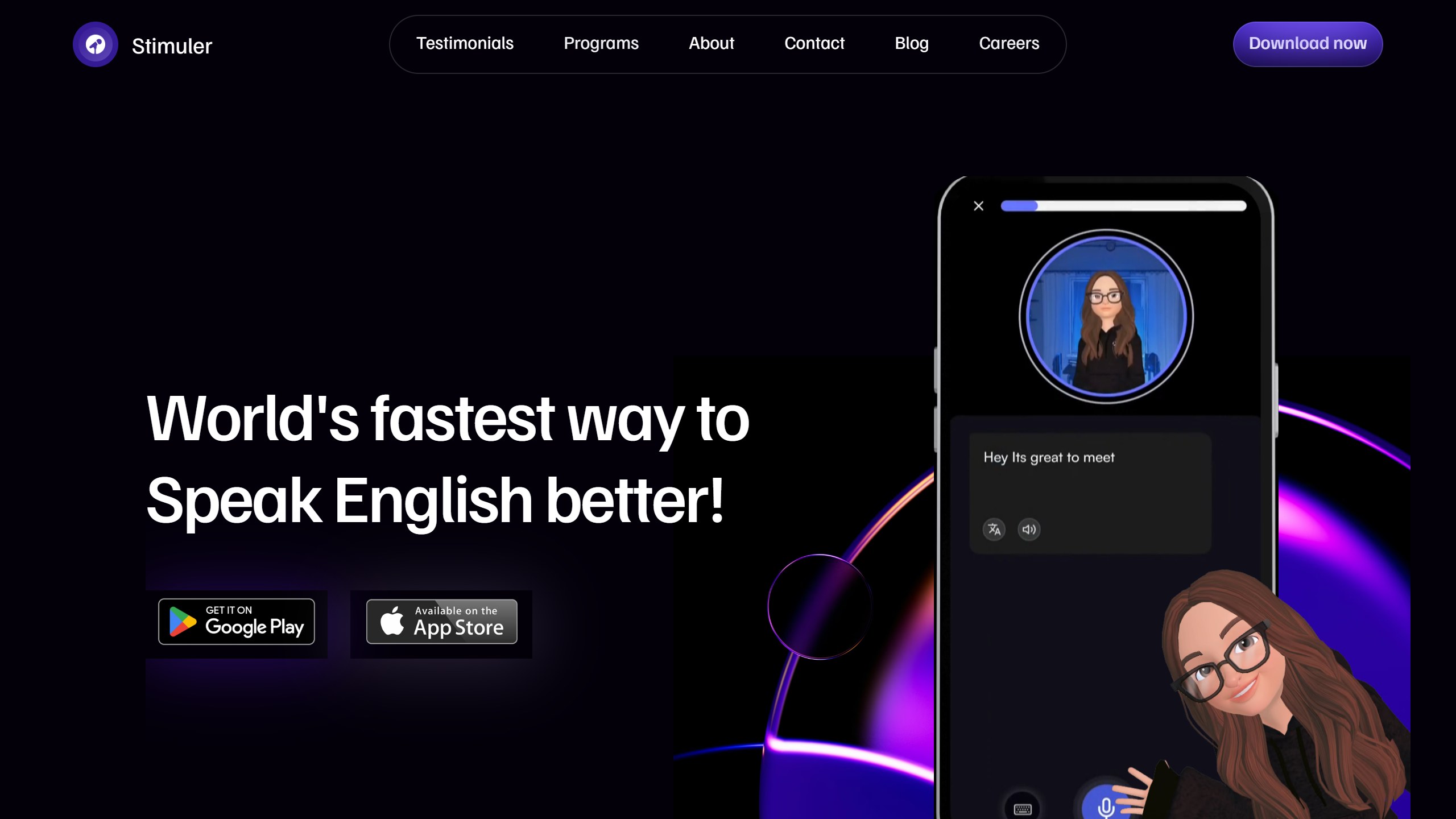 Stimuler homepage headline World's fastest way to Speak English better, with Google Play and App Store buttons and a phone showing an animated AI speaking partner