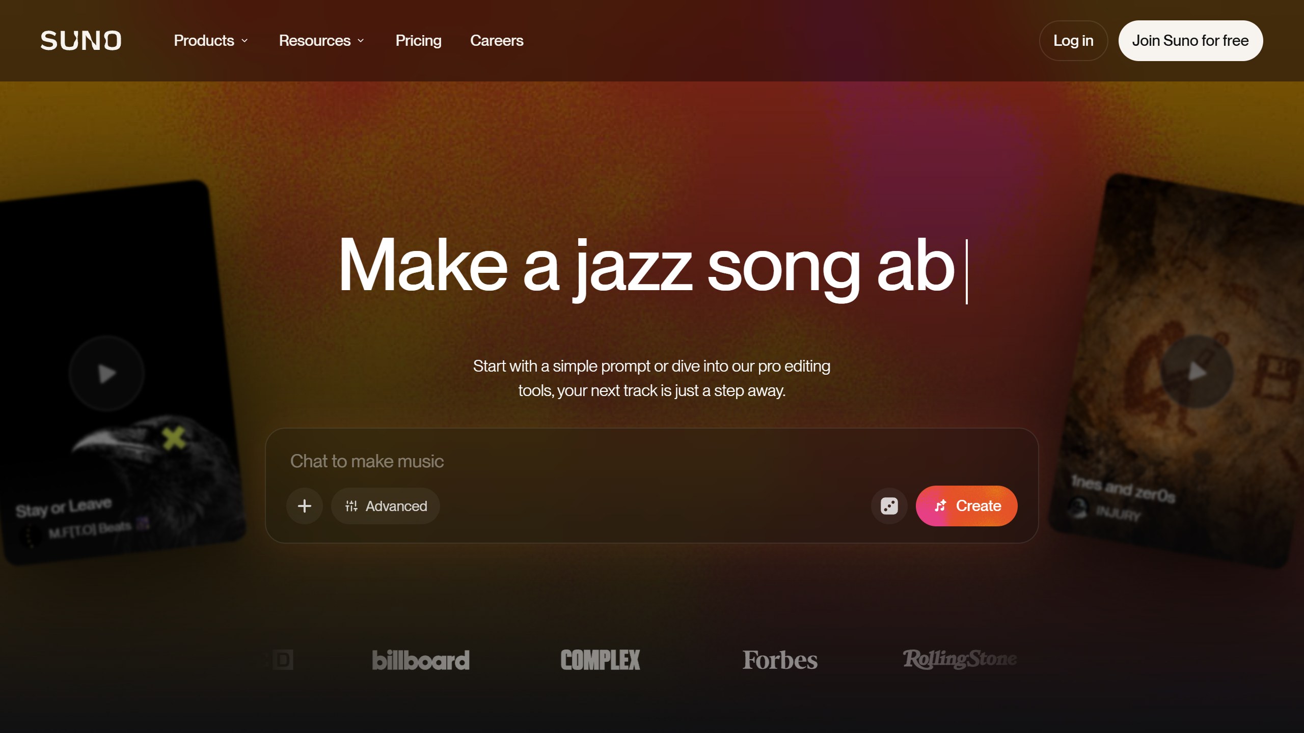 Suno homepage with an animated example prompt reading Make a jazz song, a Chat to make music box with a Create button, and press logos below