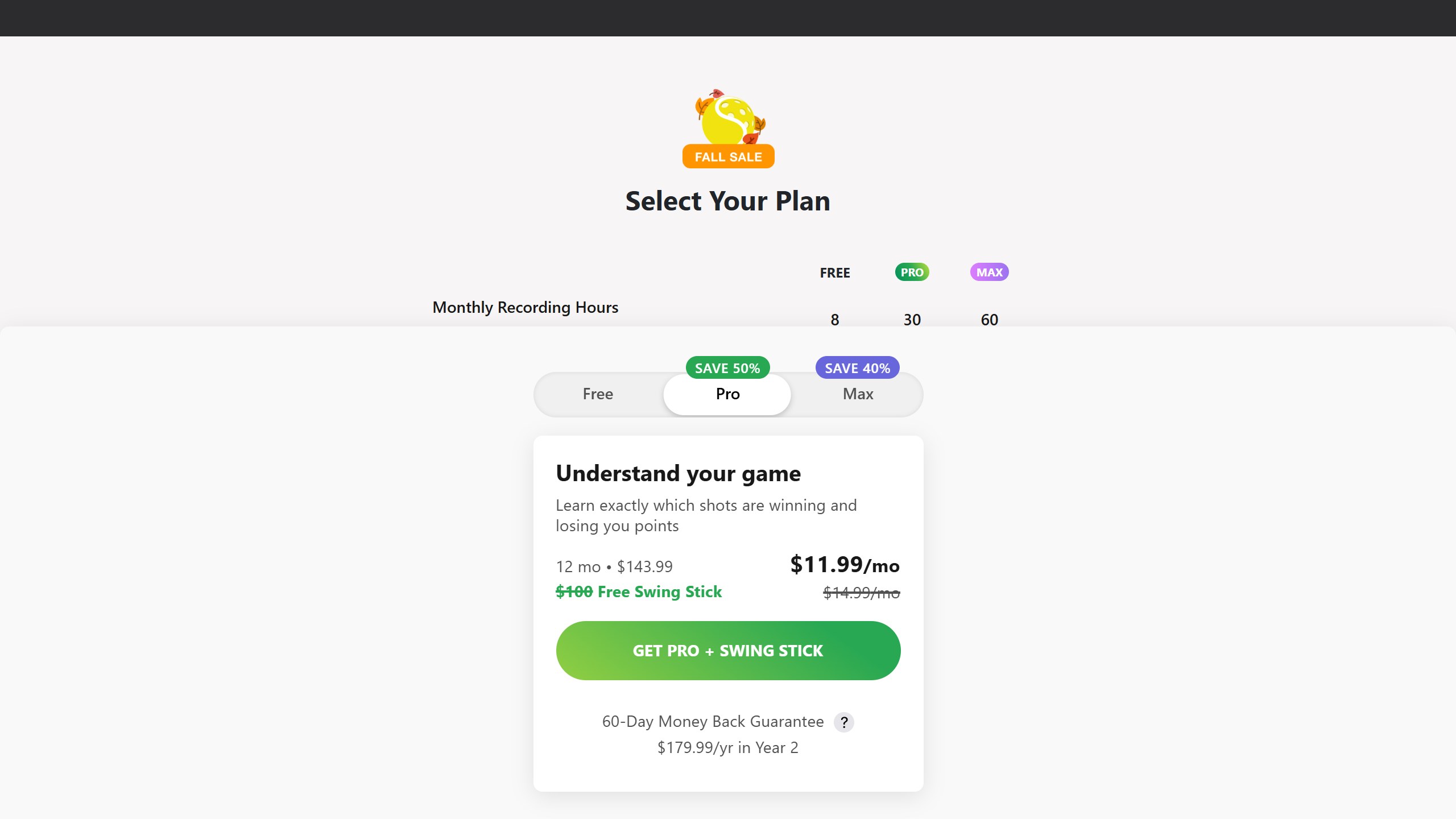 SwingVision subscribe page with a fall sale on Pro: 12 months for $143.99, shown as $11.99 a month, a $100 Swing Stick free, and $179.99 a year in year 2