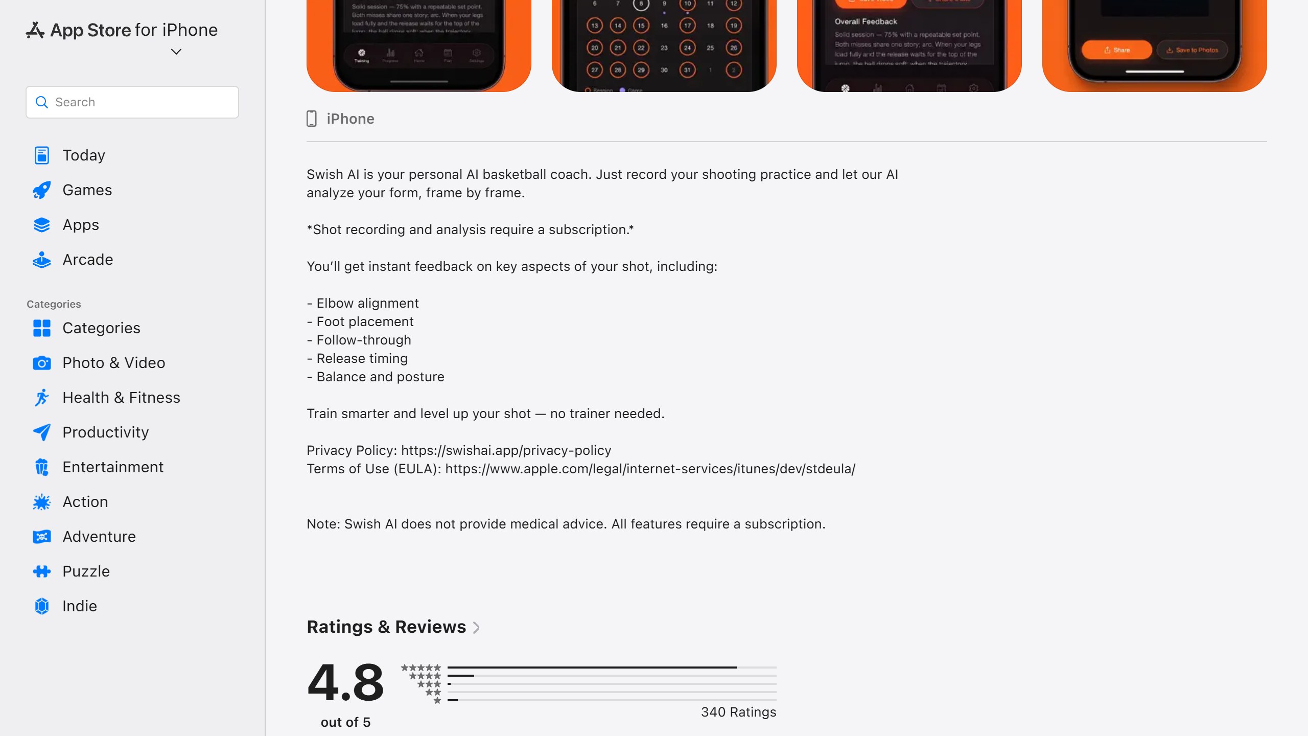 Swish AI US App Store description stating shot recording and analysis require a subscription, listing elbow alignment, foot placement, follow-through, release timing and balance