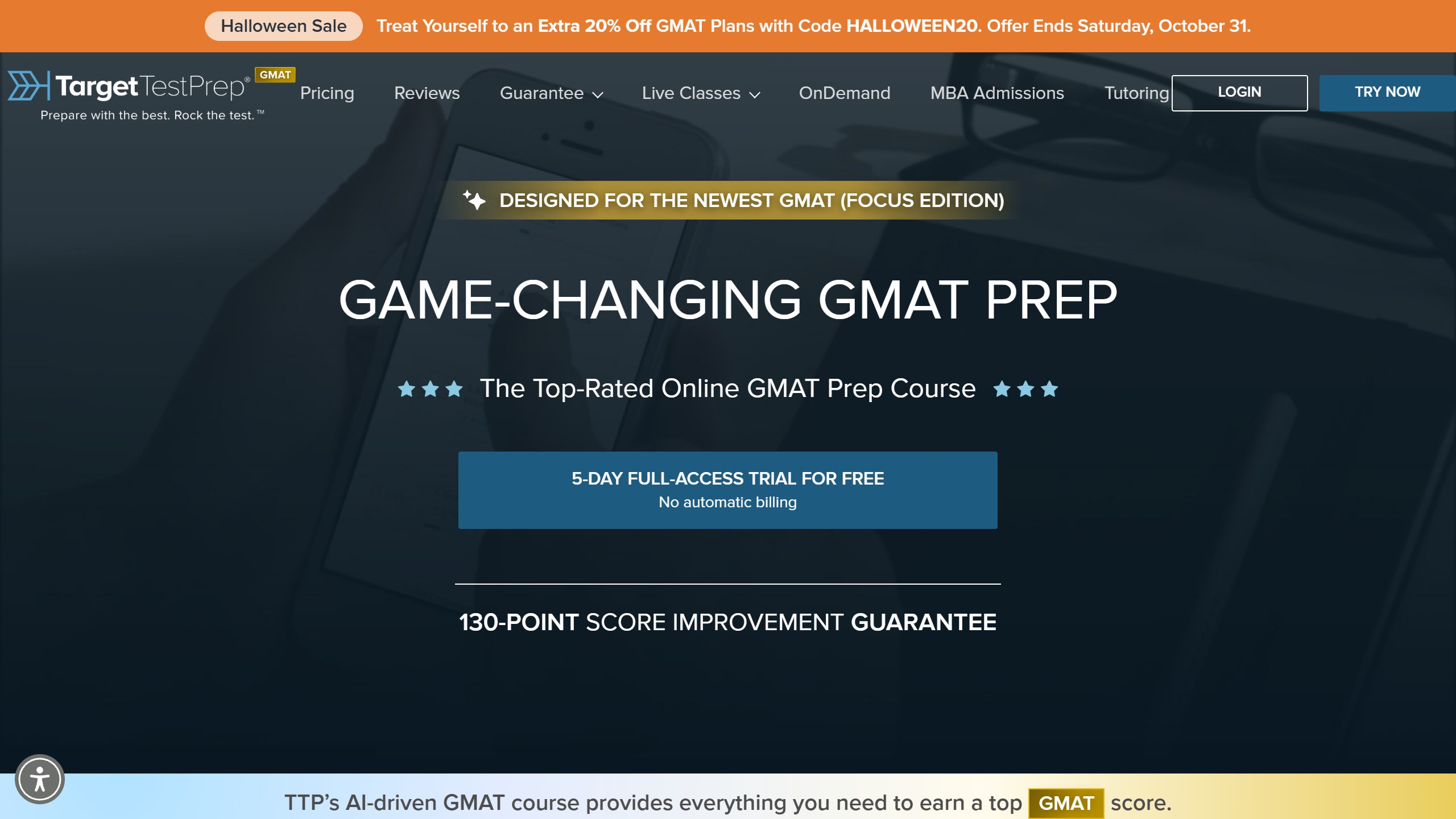 Target Test Prep GMAT homepage headline Game-Changing GMAT Prep, with a 5-day full-access free trial with no automatic billing and a 130-point score improvement guarantee