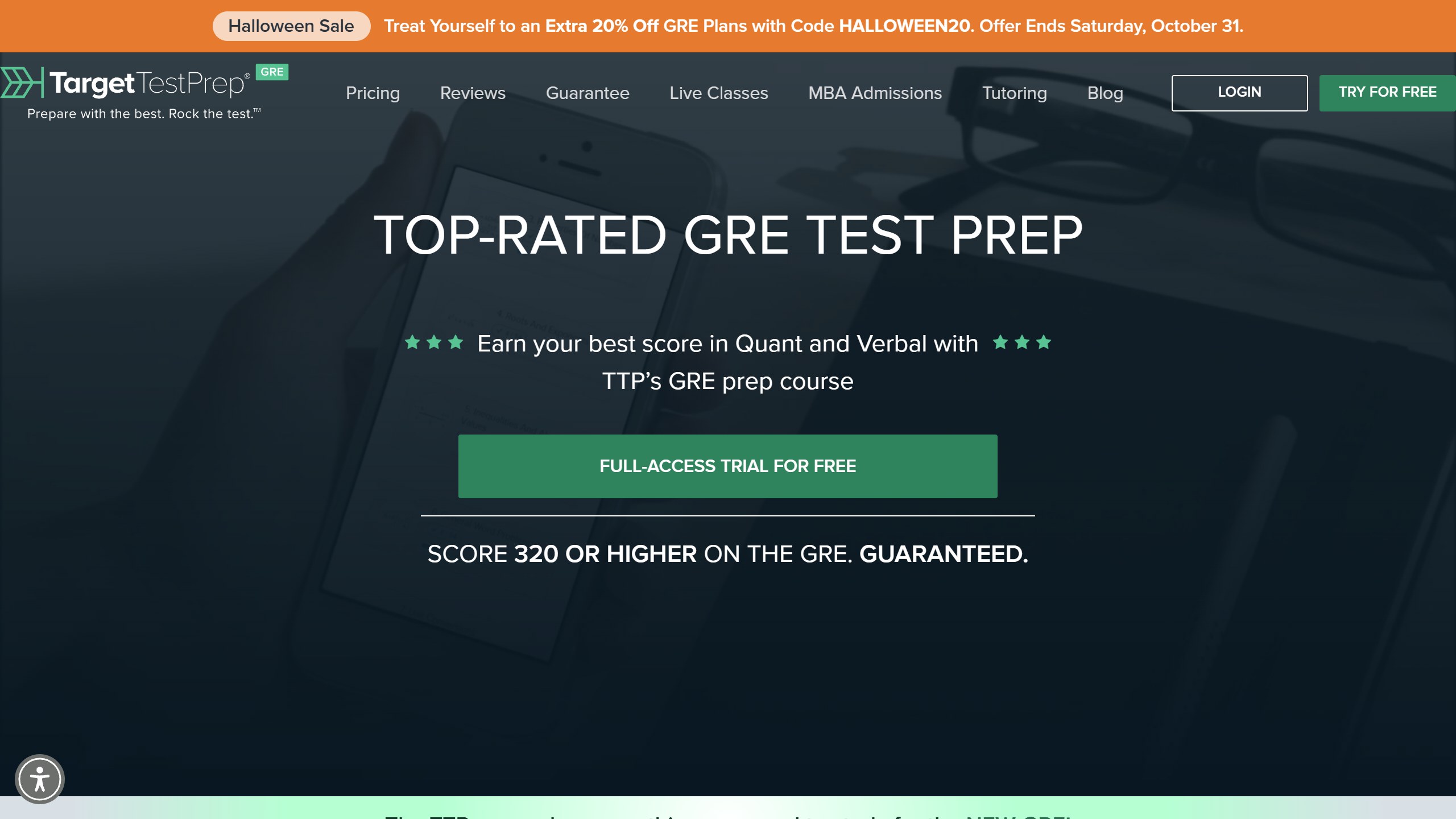 Target Test Prep GRE homepage headline Top-Rated GRE Test Prep, with a full-access free trial button and the line Score 320 or higher on the GRE, guaranteed