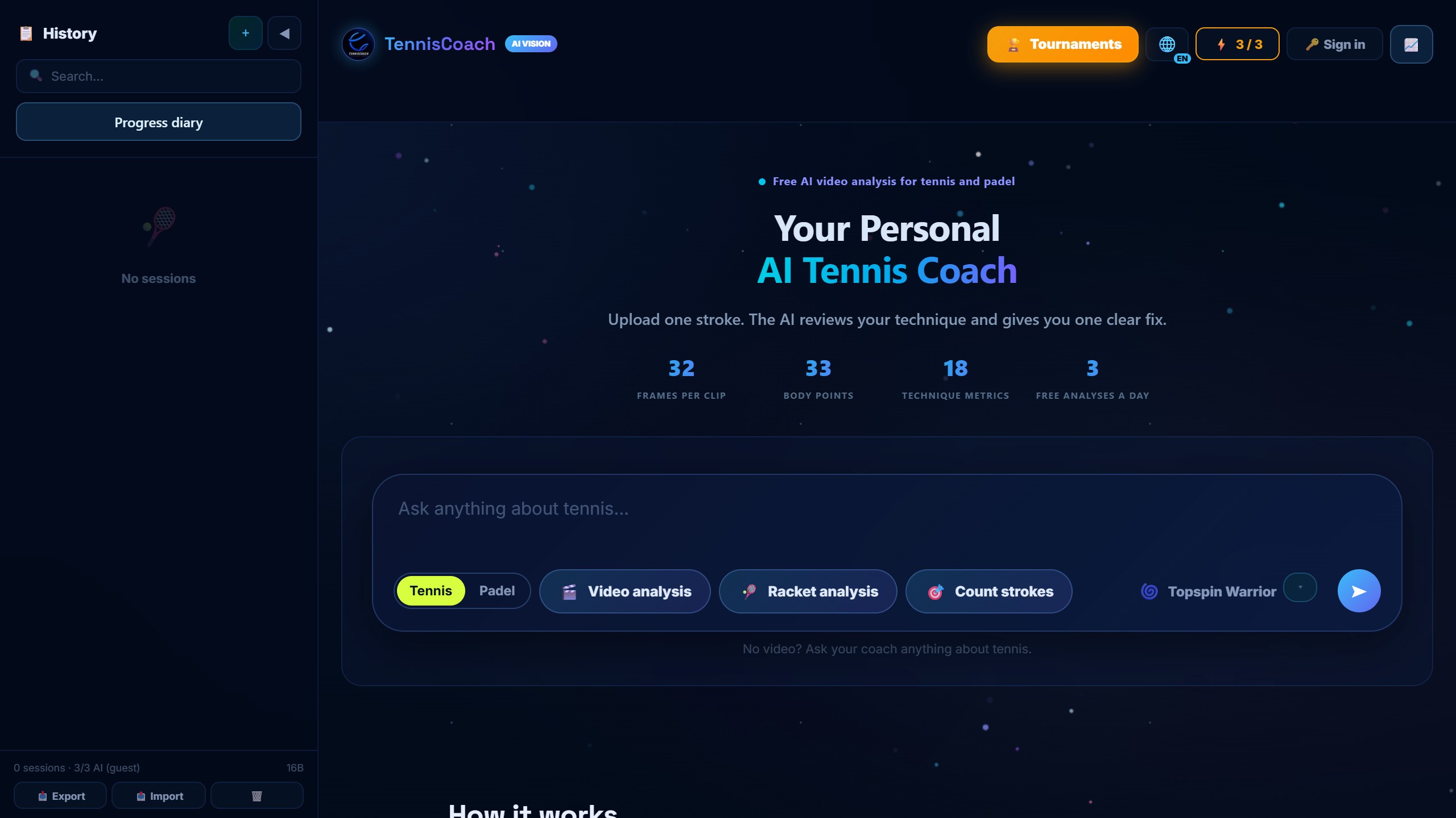 TennisCoach.app homepage headline Your Personal AI Tennis Coach, listing 32 frames per clip, 33 body points, 18 technique metrics and 3 free analyses a day