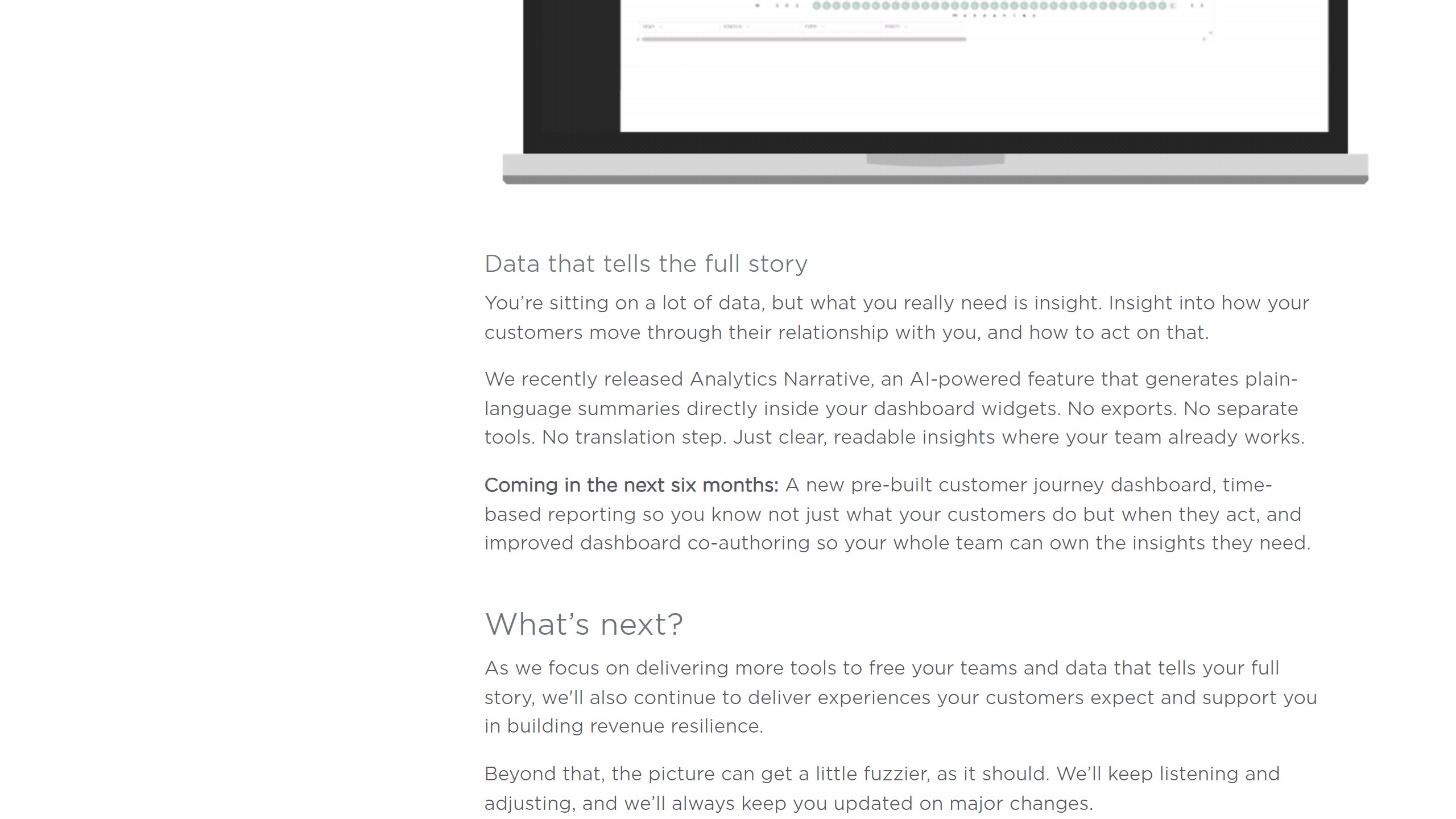 Tessitura roadmap update stating it recently released Analytics Narrative, an AI-powered feature that generates plain-language summaries inside dashboard widgets