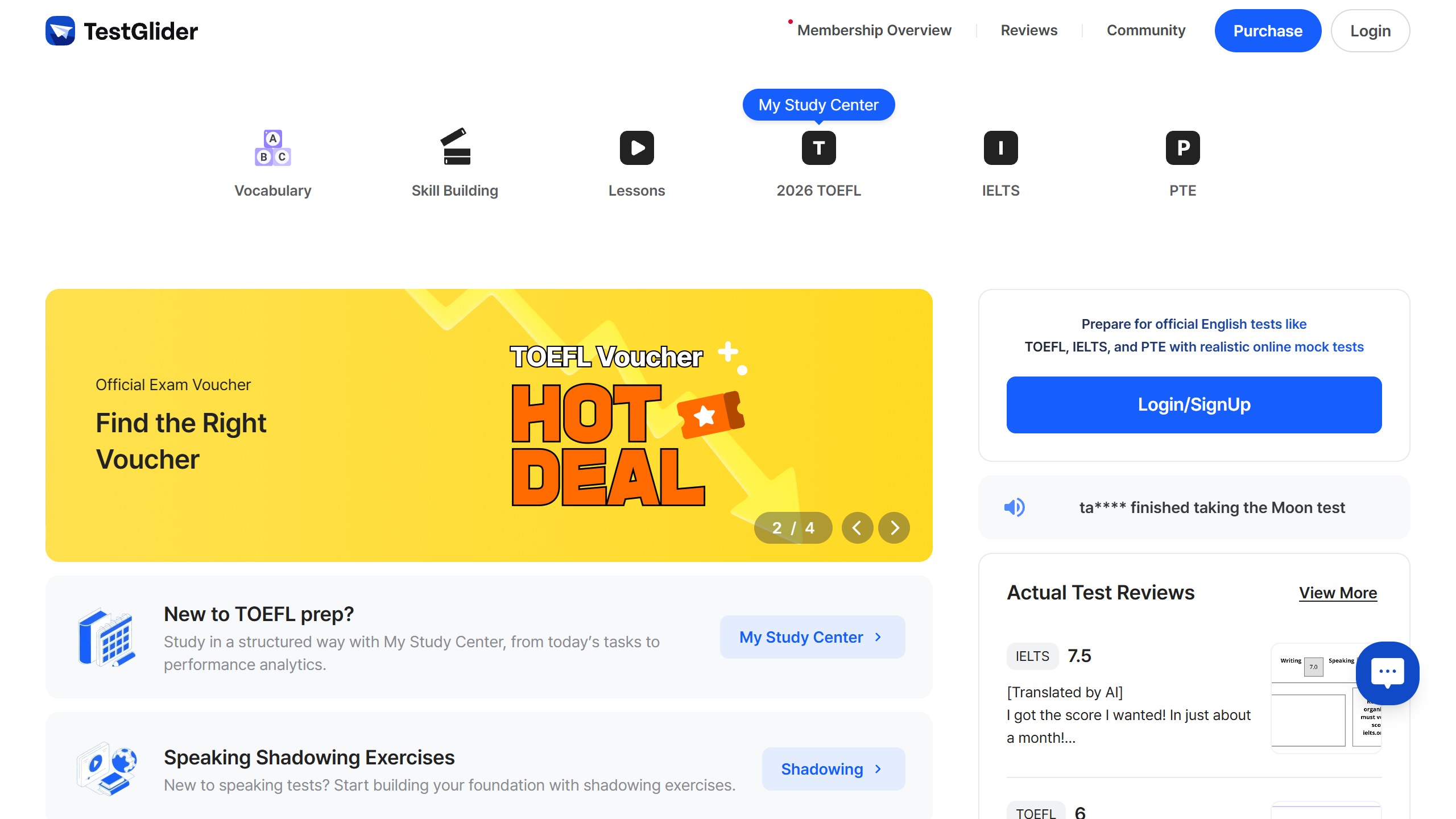 TestGlider homepage with links to Vocabulary, Skill Building, Lessons, 2026 TOEFL, IELTS and PTE, an official exam voucher banner and a Speaking Shadowing Exercises card
