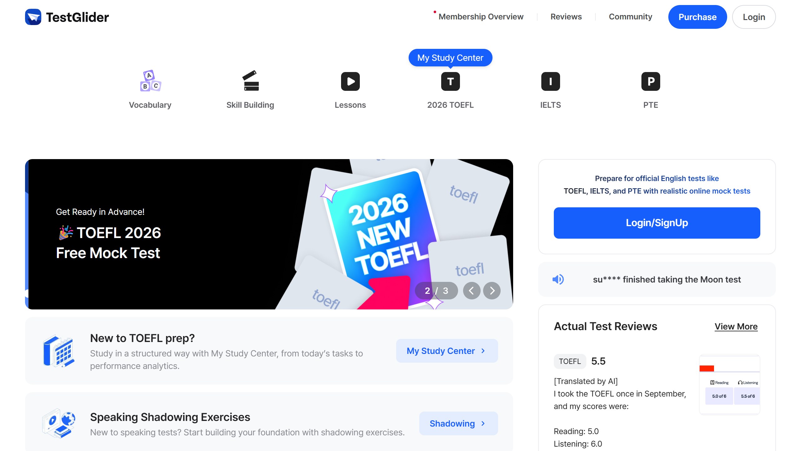 TestGlider homepage with tabs for Vocabulary, Skill Building, Lessons, 2026 TOEFL, IELTS and PTE, a TOEFL mock test banner and a panel offering realistic online mock tests