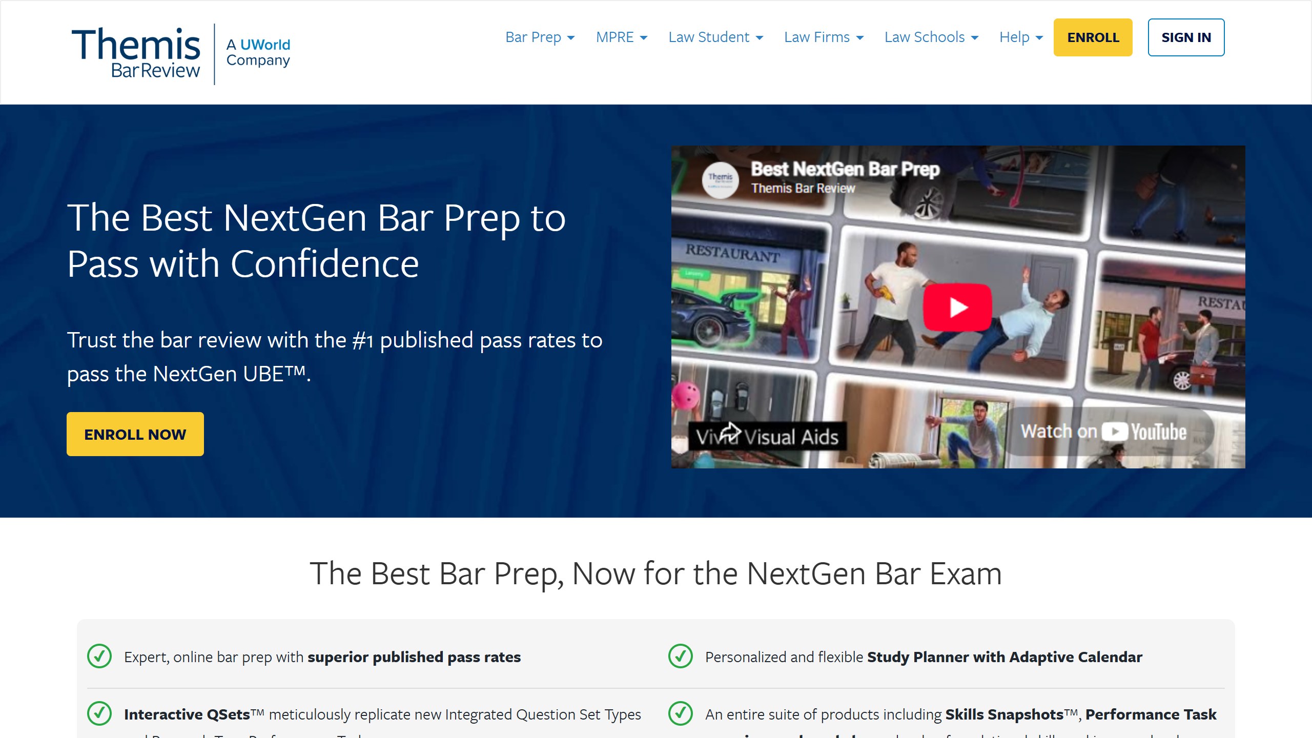 Themis Bar Review, A UWorld Company, NextGen page headline The Best NextGen Bar Prep to Pass with Confidence, with a line about published pass rates and a list mentioning Interactive QSets and an adaptive study calendar