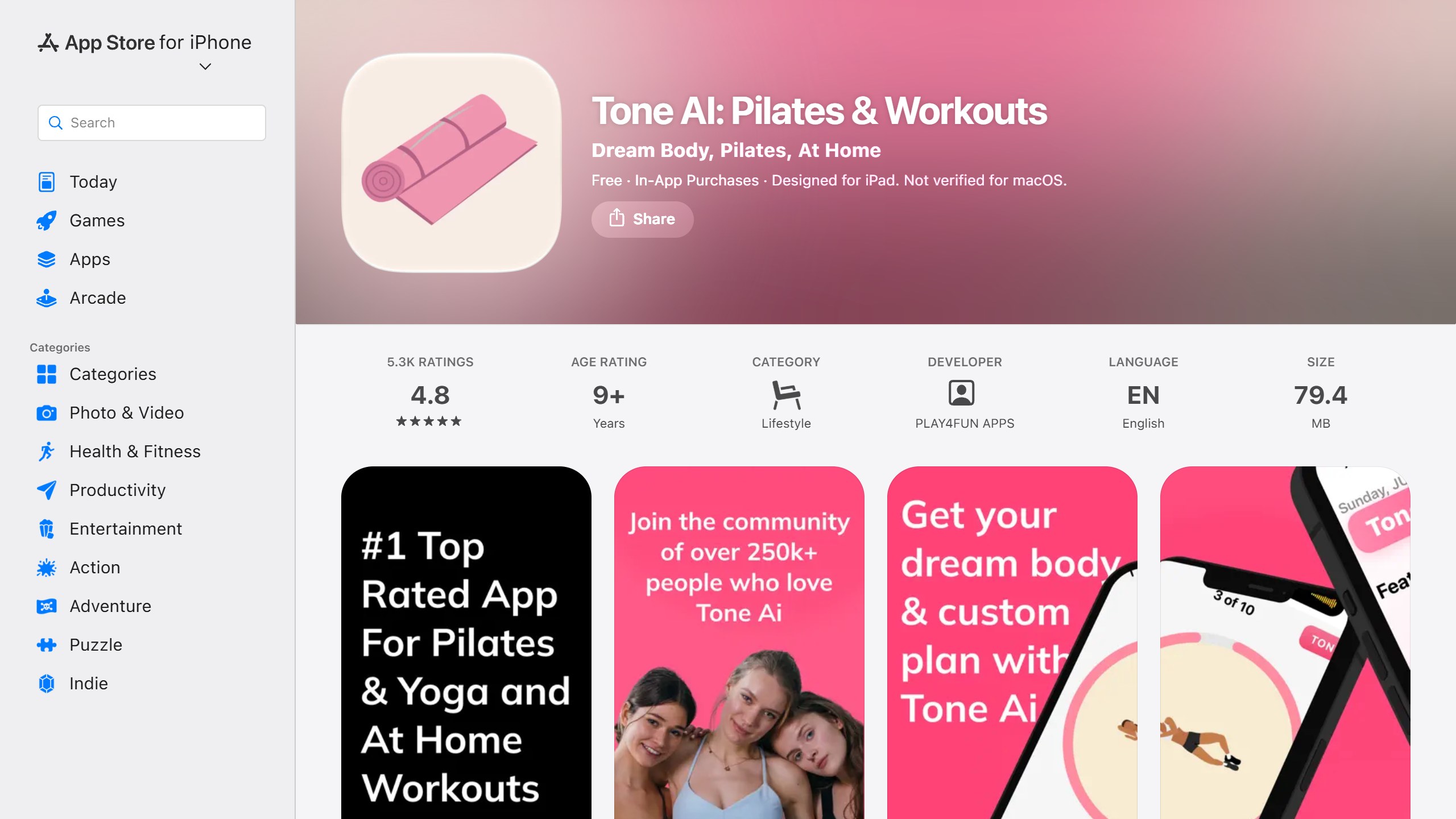 US App Store listing for Tone AI: Pilates and Workouts by PLAY4FUN APPS, showing a 4.8 rating from 5.3K ratings and screenshots promising a custom plan