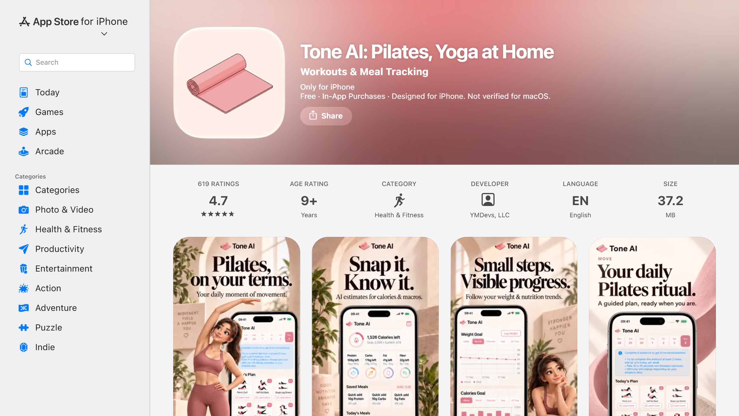 US App Store listing for Tone AI: Pilates, Yoga at Home by YMDevs, showing 4.7 from 619 ratings and screenshots of a Pilates plan and an AI calorie and macro estimate from a meal