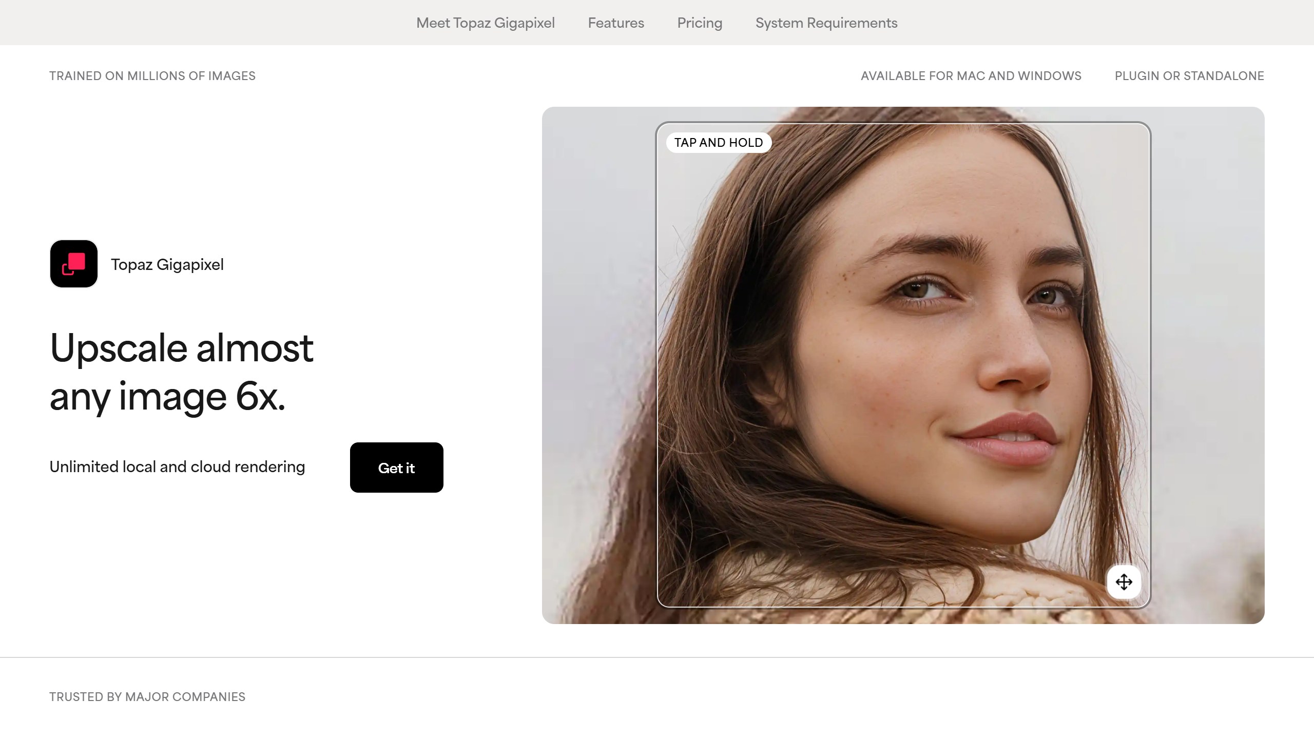 Topaz Gigapixel product page headline Upscale almost any image 6x, with unlimited local and cloud rendering, available for Mac and Windows as a plugin or standalone