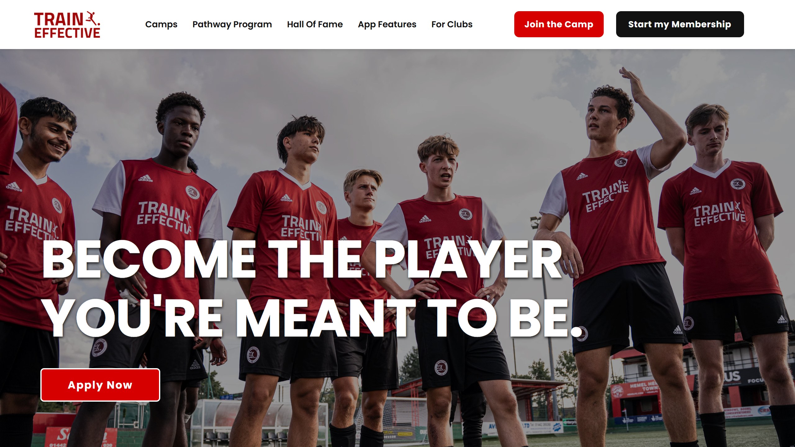 Train Effective homepage headline Become the player you are meant to be, over a photo of academy players in red Train Effective kits, with an Apply Now button