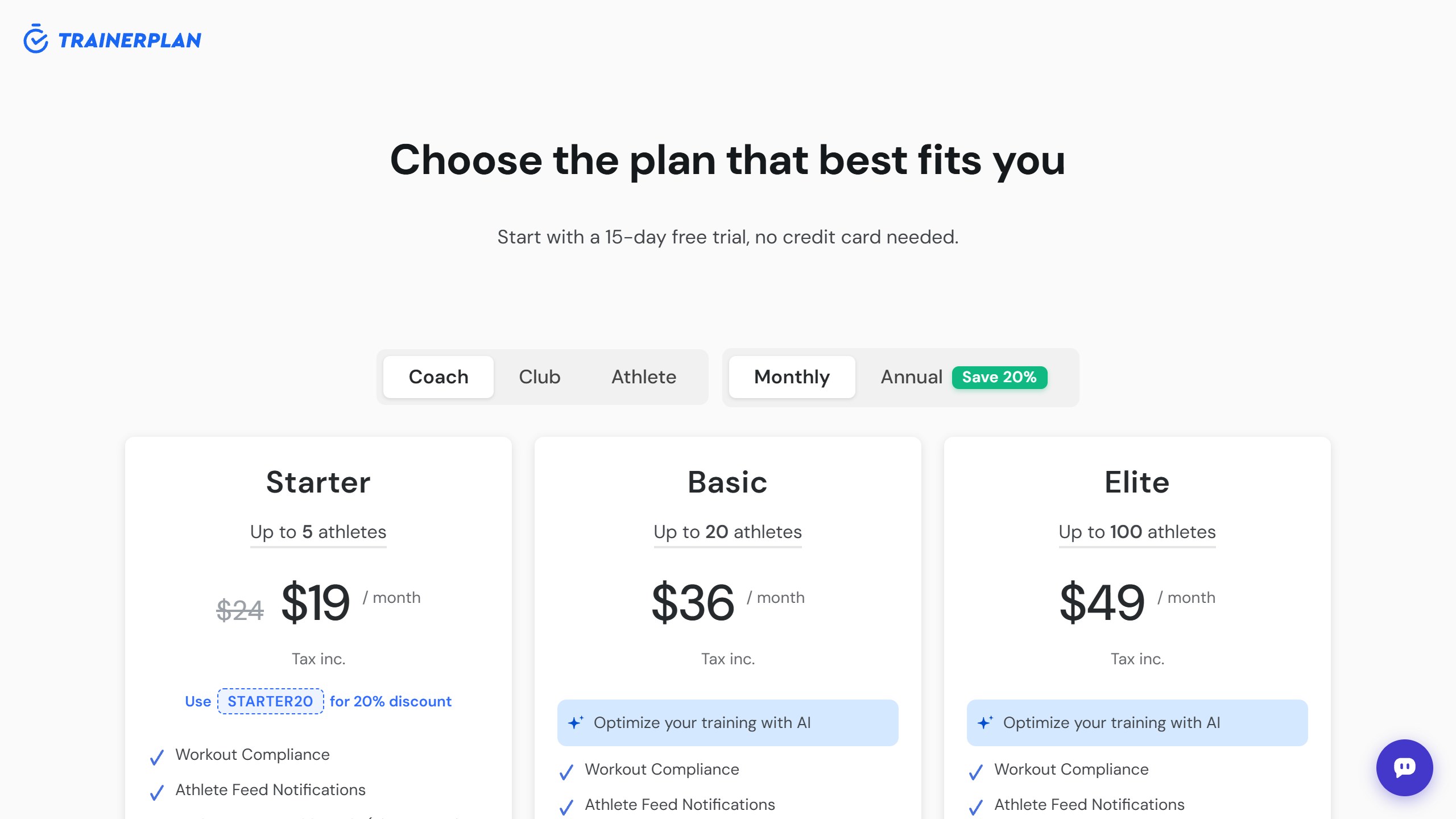 TrainerPlan coach pricing on Monthly billing: Starter for up to 5 athletes at 24 dollars shown as 19 with code STARTER20, Basic for up to 20 athletes at 36 dollars and Elite for up to 100 athletes at 49 dollars, all tax included