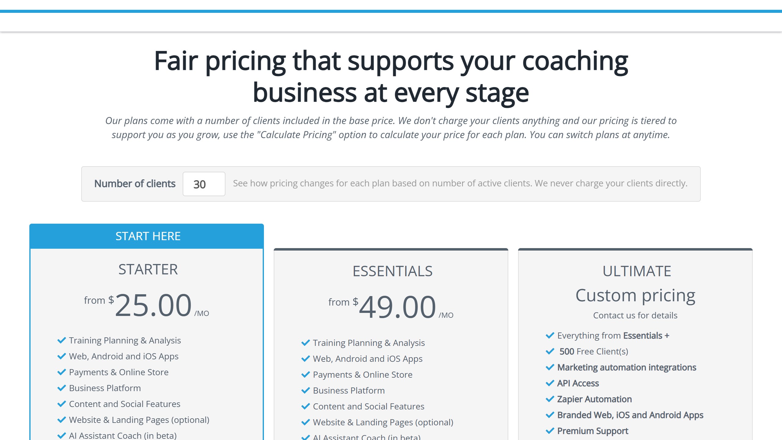 Training Tilt pricing with the client calculator set to 30: Starter from 25 dollars a month, Essentials from 49 dollars a month and Ultimate on custom pricing