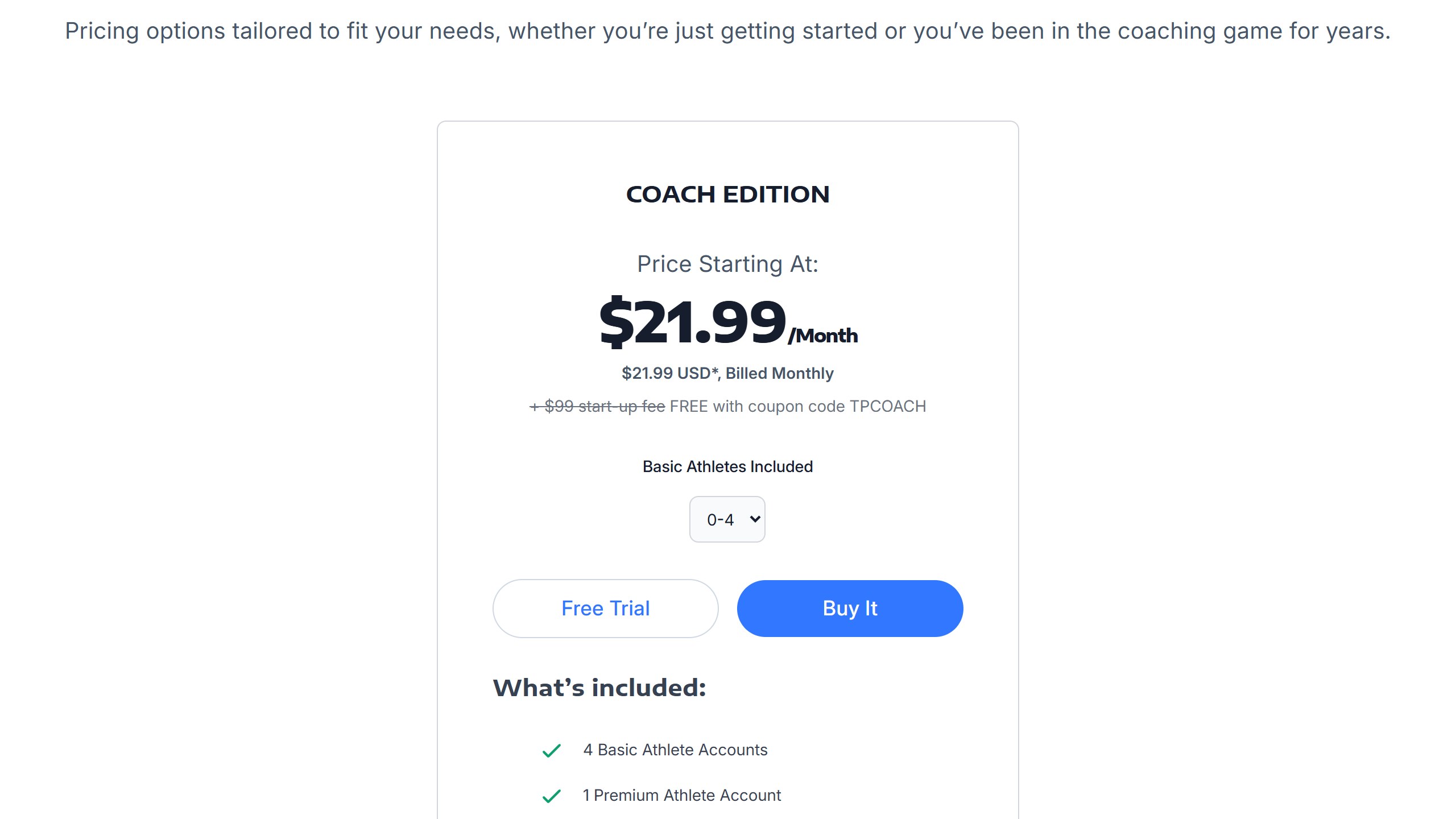 TrainingPeaks Coach Edition pricing card from 21.99 dollars a month in USD, billed monthly, with the 99 dollar start-up fee free with code TPCOACH, and 4 Basic and 1 Premium athlete accounts included
