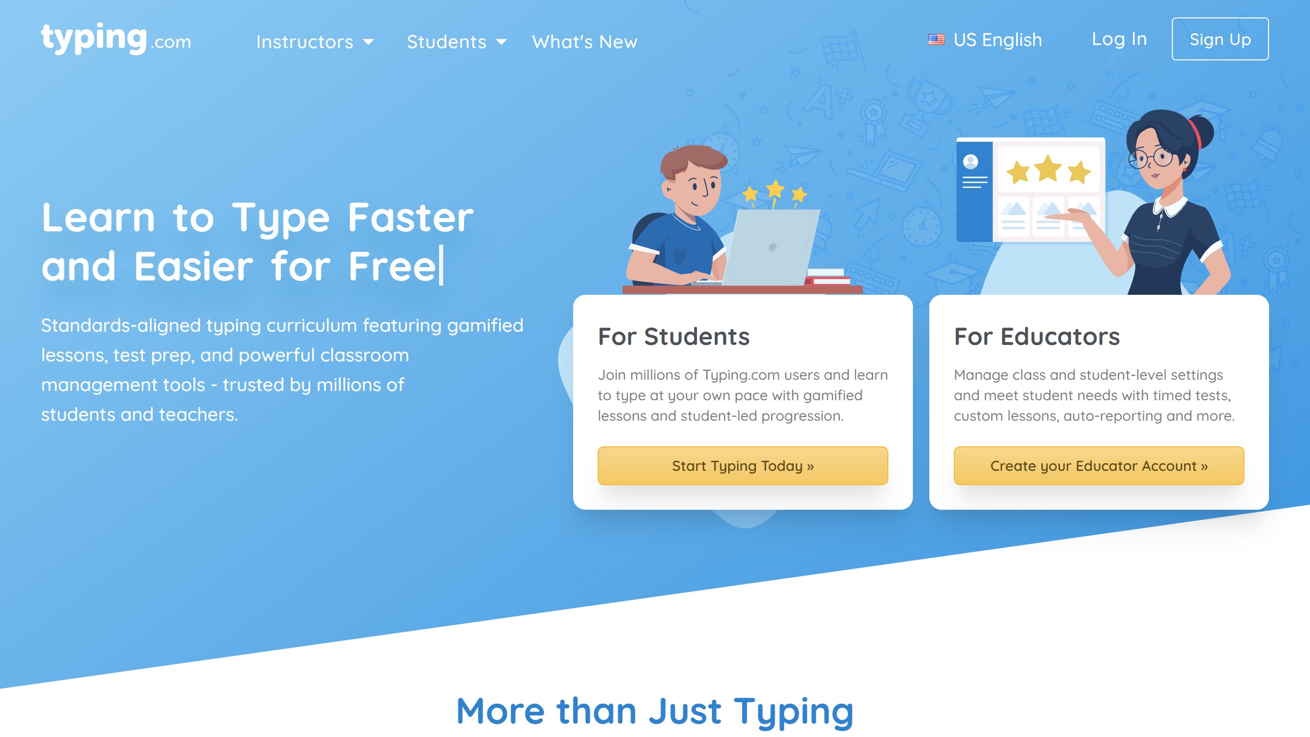 Typing.com homepage headline Learn to Type Faster and Easier for Free, with For Students and For Educators cards