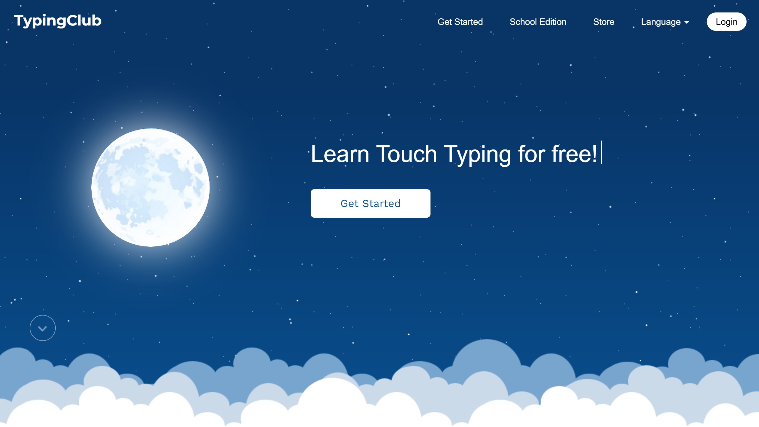 TypingClub homepage headline Learn Touch Typing for free!, with a Get Started button and links to School Edition and Store