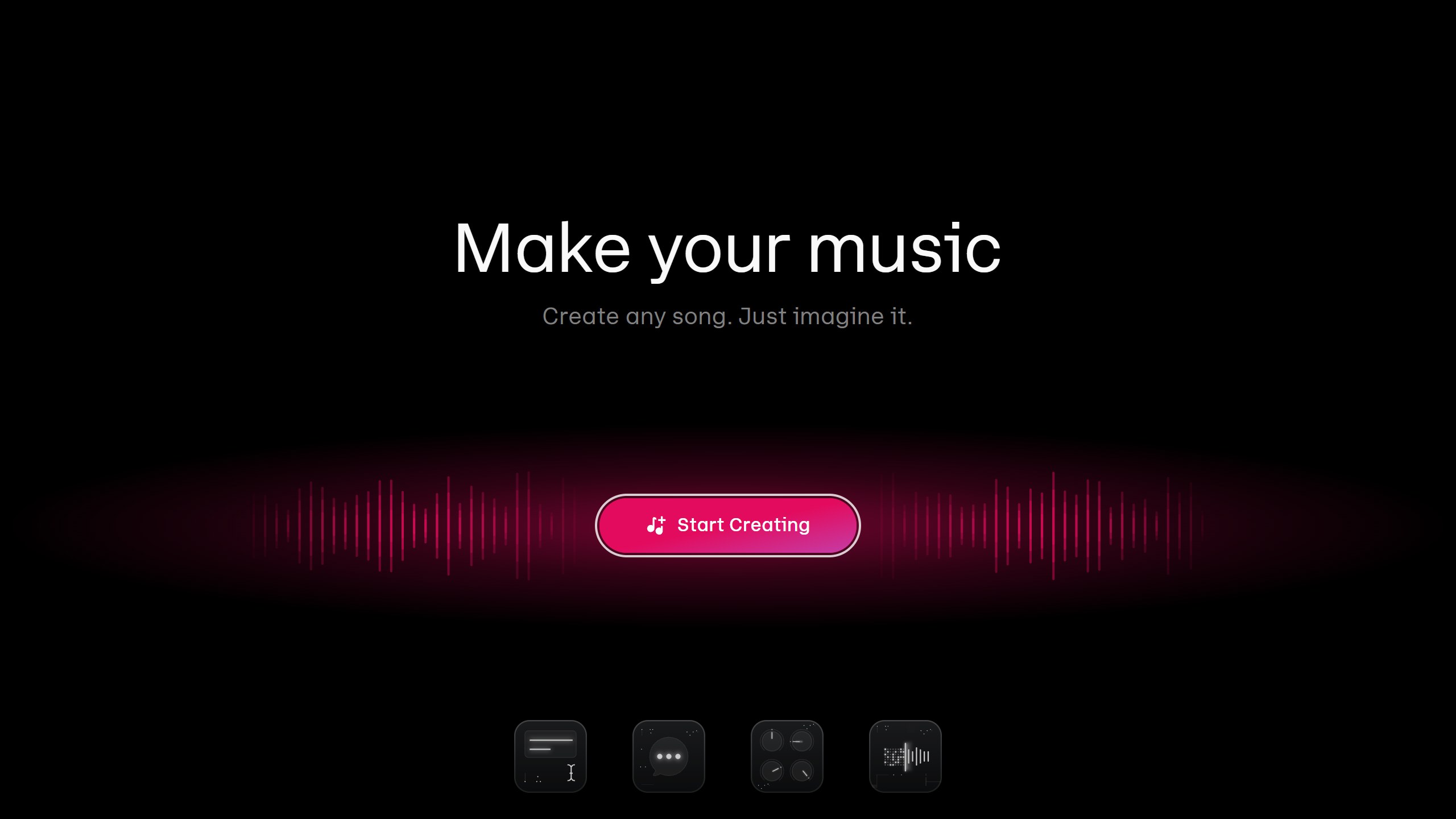 Udio homepage headline Make your music, Create any song. Just imagine it, with a Start Creating button over a pink waveform
