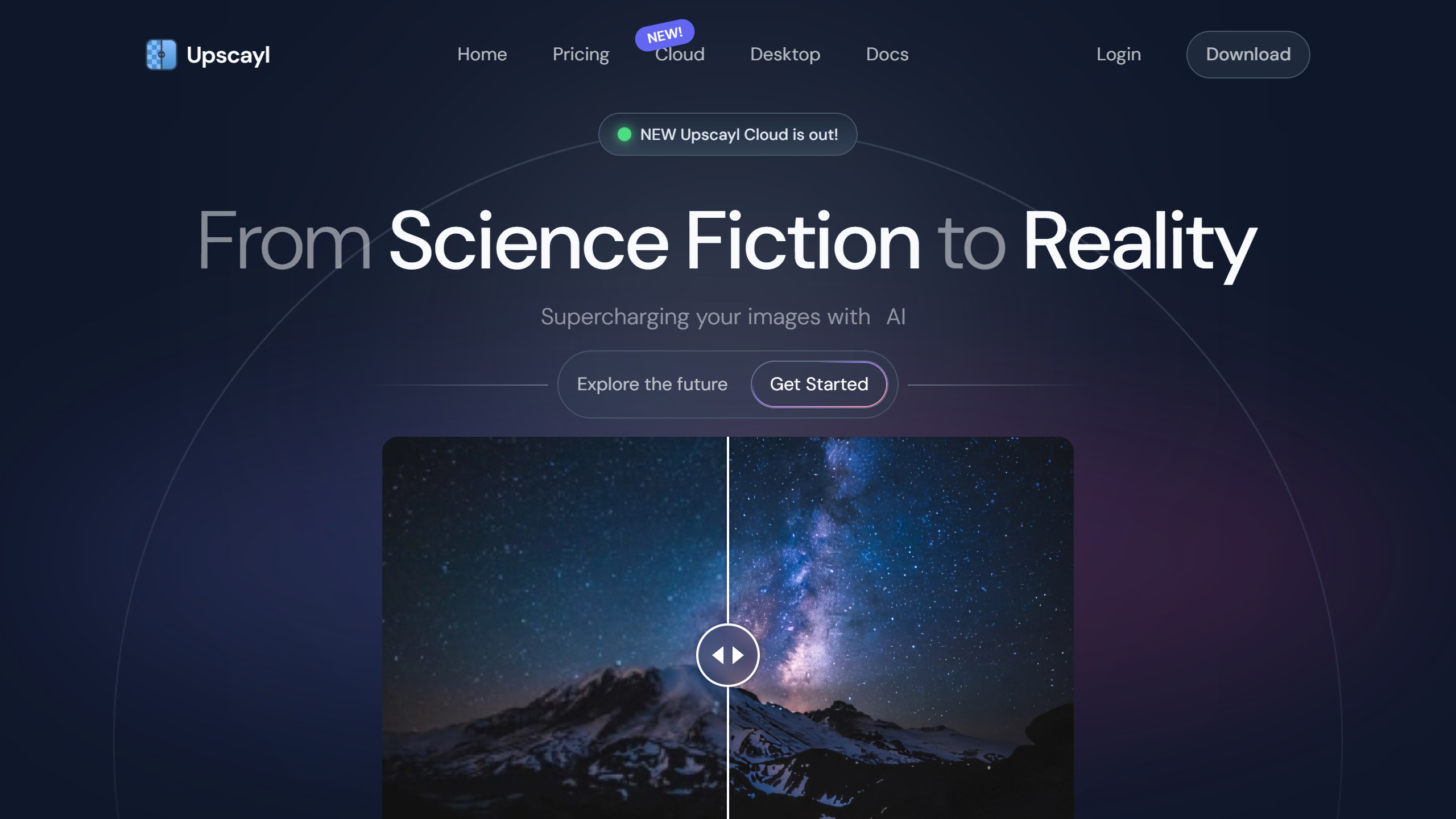 Upscayl homepage with a before and after slider on a night sky image, a Download button and a banner announcing the new Upscayl Cloud