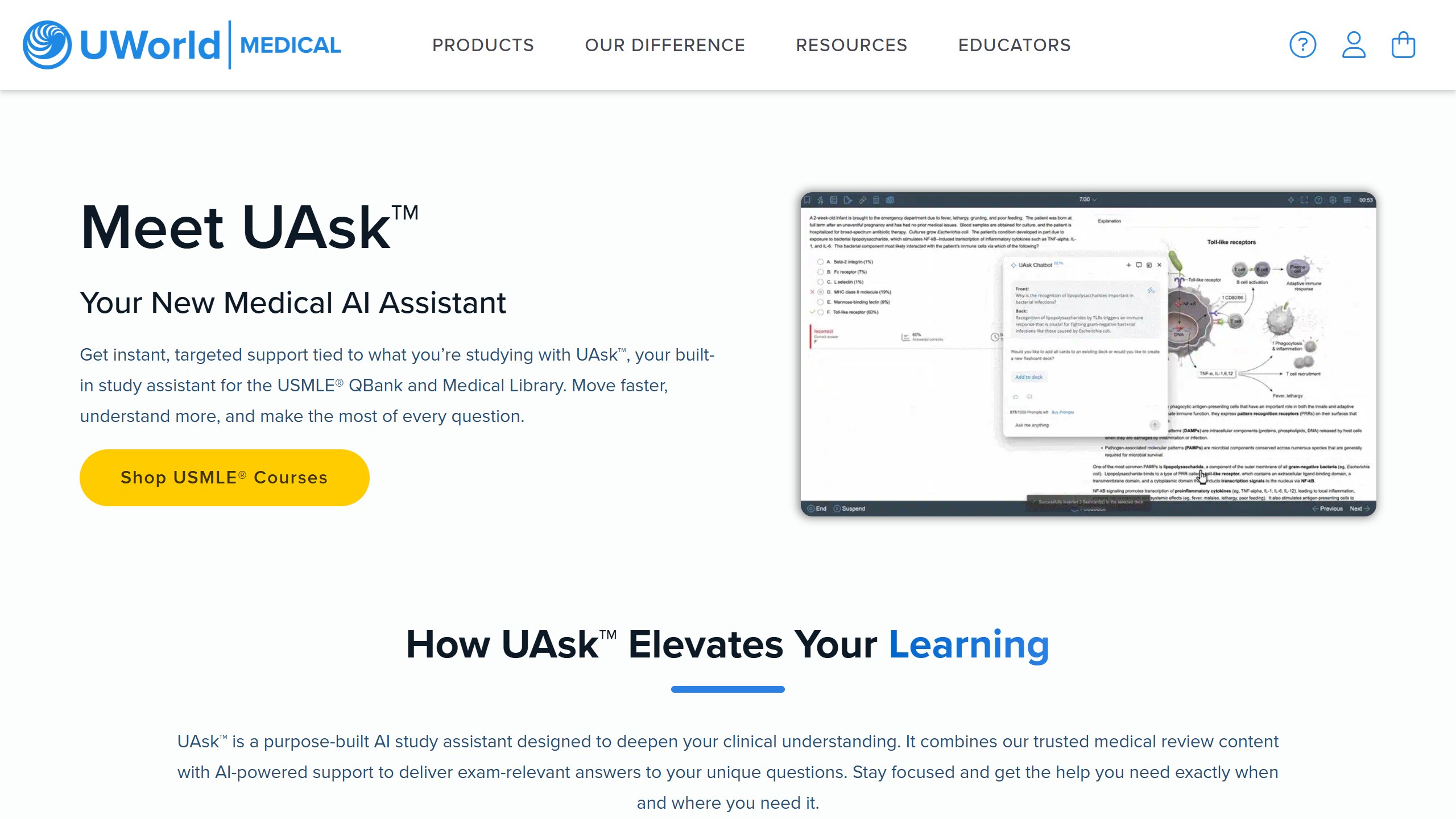 UWorld Medical page headline Meet UAsk, Your New Medical AI Assistant, describing a built-in study assistant for the USMLE QBank and Medical Library, beside a screenshot of UAsk in a question
