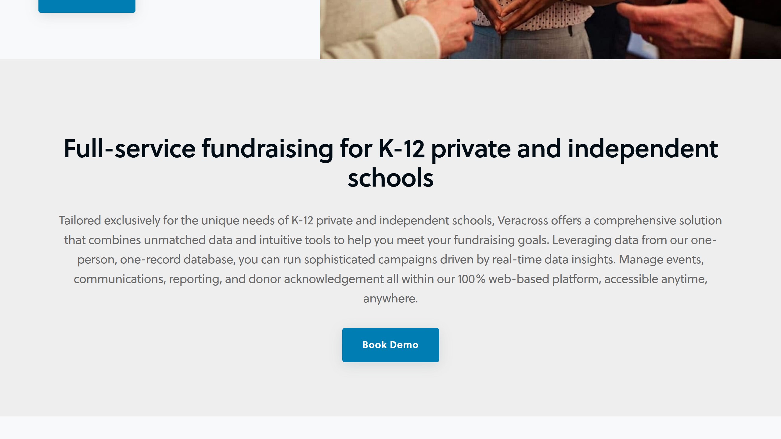 Veracross development page headed Full-service fundraising for K-12 private and independent schools, describing a one-person, one-record database tailored exclusively for those schools