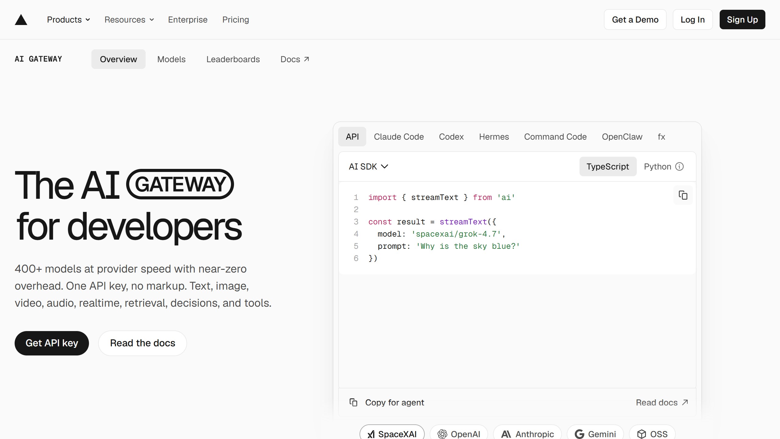 Vercel AI Gateway page headline The AI Gateway for developers, promising 400+ models with one API key and no markup, beside a code sample using the AI SDK
