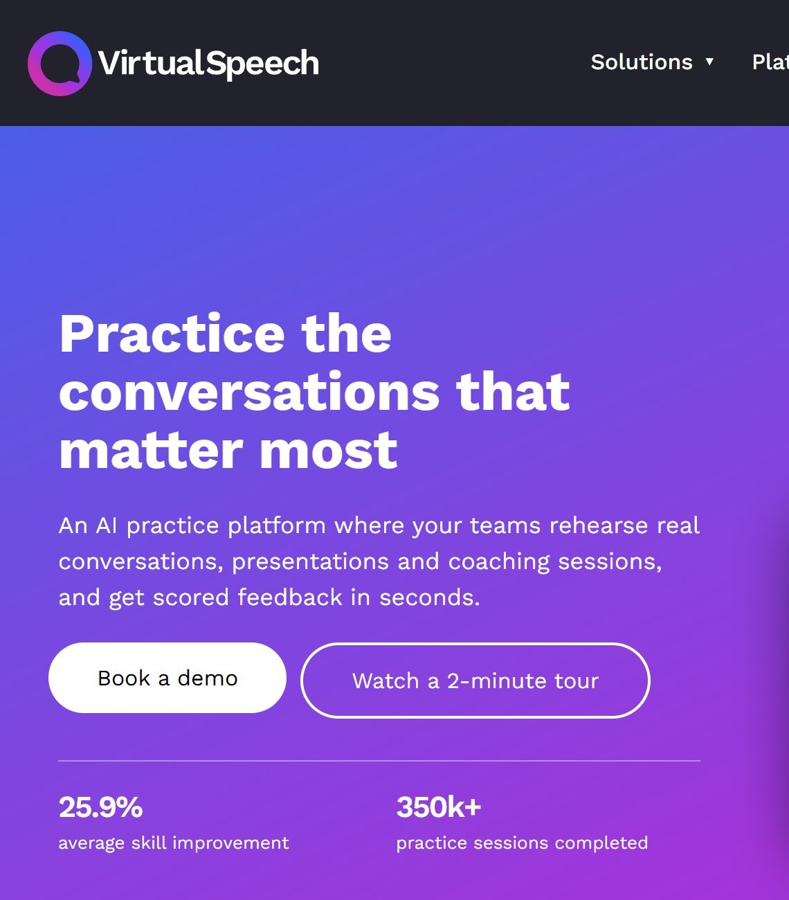 VirtualSpeech homepage headline Practice the conversations that matter most, describing an AI practice platform with scored feedback in seconds