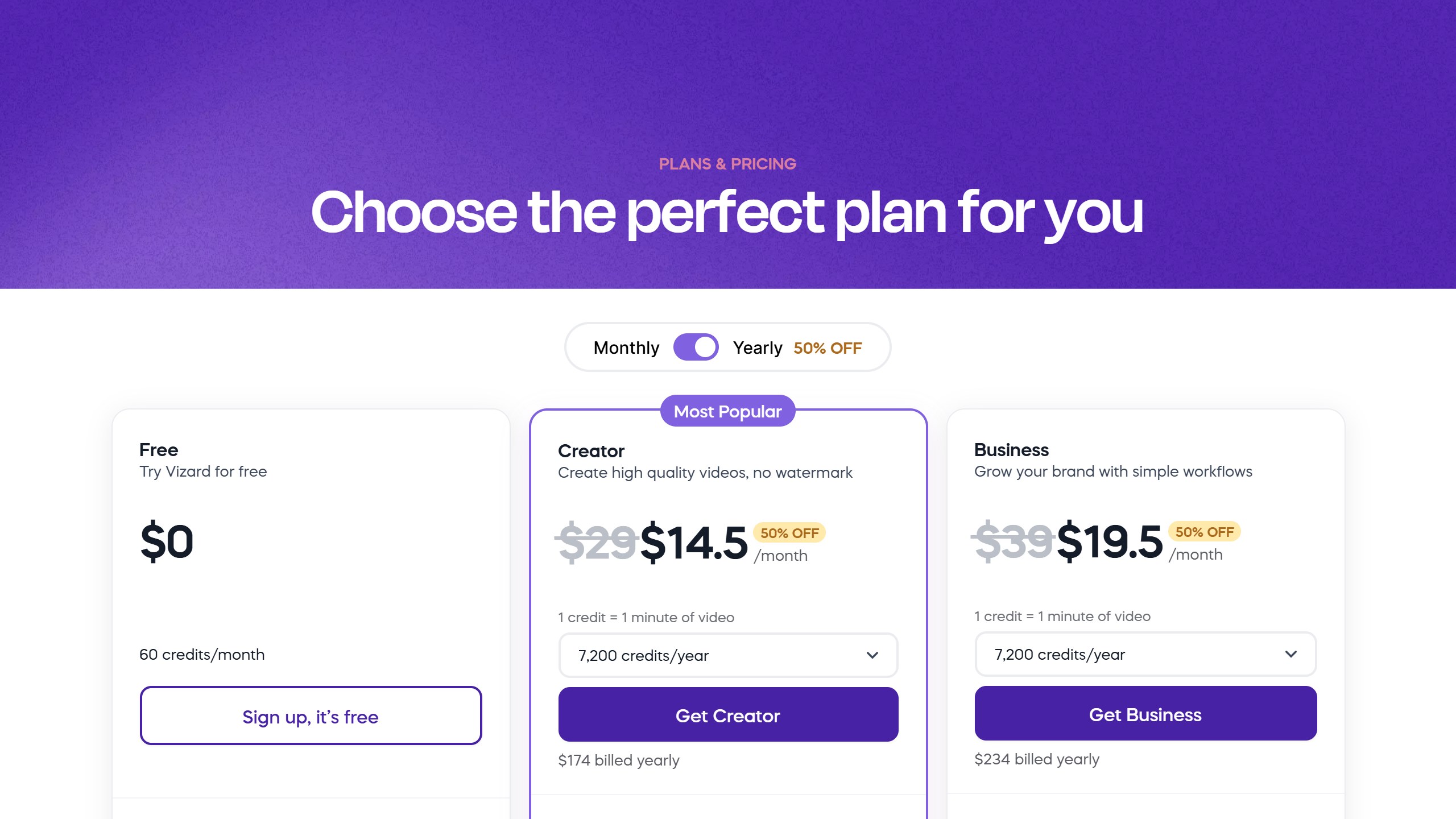 Vizard pricing page with yearly billing at 50% off, showing Free with 60 credits a month, Creator at $14.5 a month and Business at $19.5 a month, with 1 credit equal to 1 minute of video