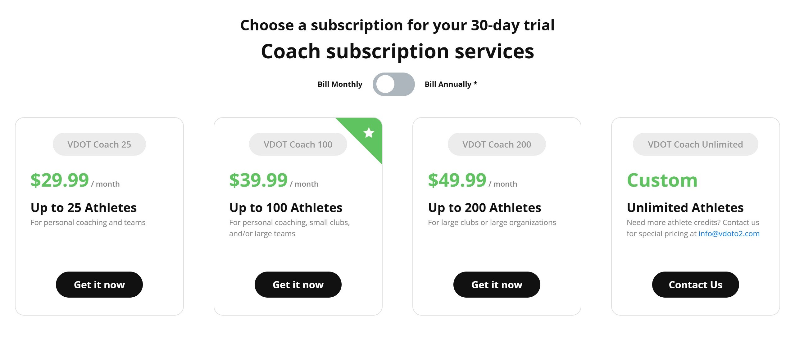 V.O2 coach subscriptions on monthly billing: VDOT Coach 25 at 29.99 dollars a month, Coach 100 at 39.99, Coach 200 at 49.99 and a custom Unlimited plan, under a 30-day trial heading