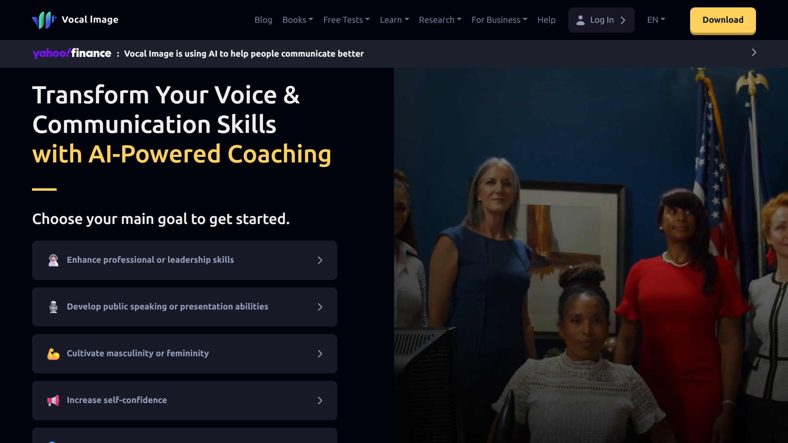 Vocal Image homepage headline Transform Your Voice and Communication Skills with AI-Powered Coaching, with goal options such as developing public speaking or presentation abilities