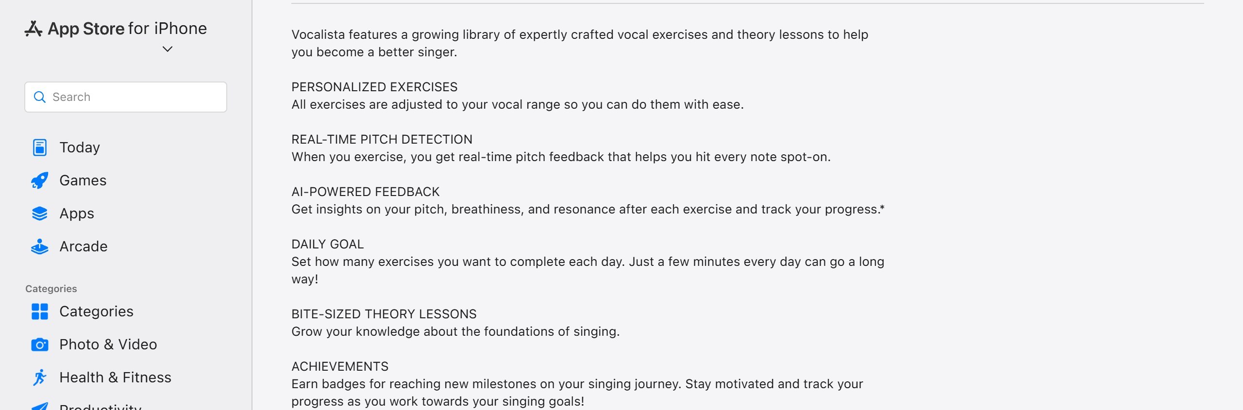 Vocalista US App Store description listing personalized exercises adjusted to your vocal range, real-time pitch detection, and AI-powered feedback on pitch, breathiness and resonance