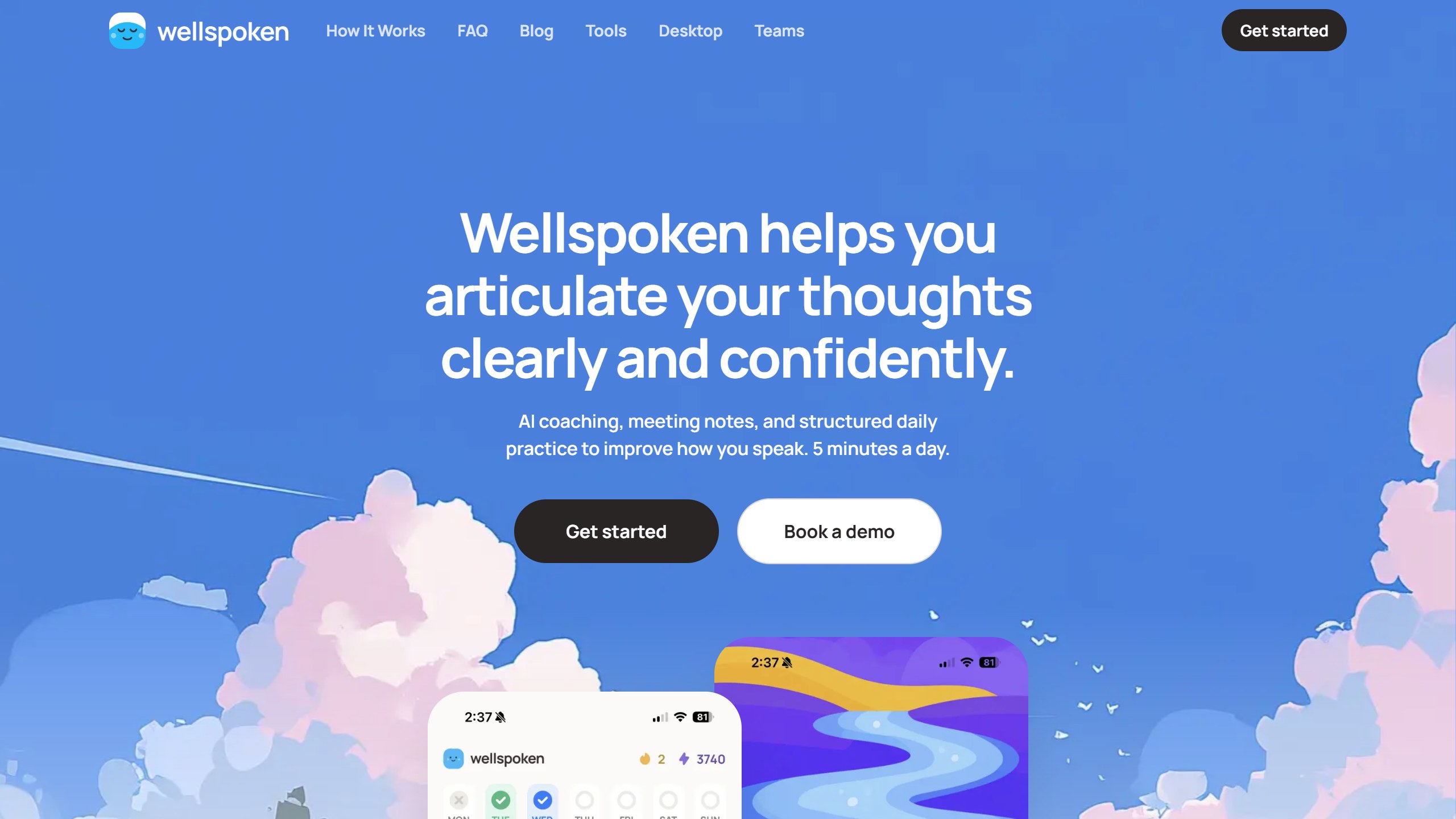 Wellspoken homepage headline Wellspoken helps you articulate your thoughts clearly and confidently, offering AI coaching, meeting notes and structured daily practice