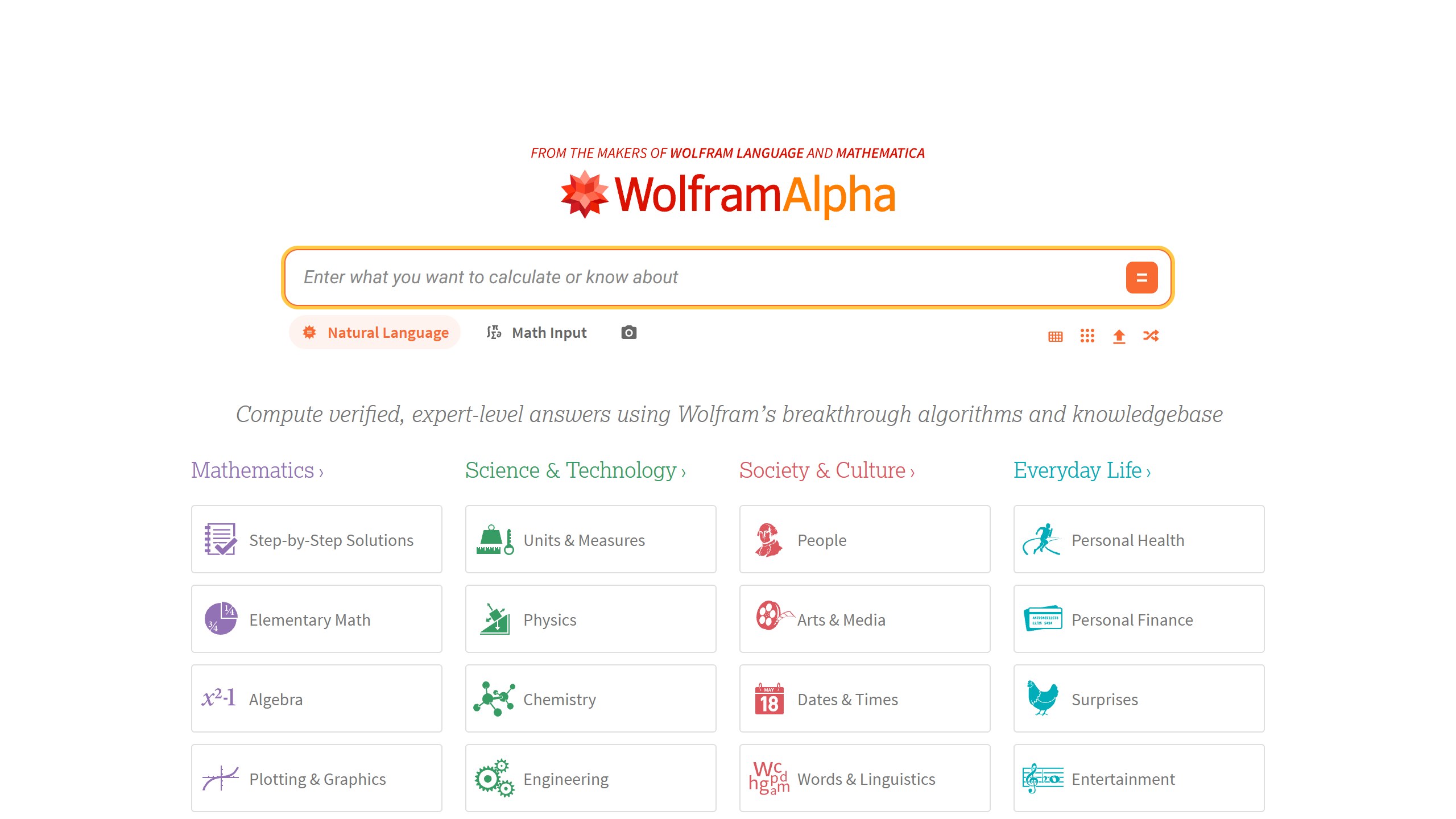 Wolfram Alpha homepage with a search box reading Enter what you want to calculate or know about, and topic tiles including Step-by-Step Solutions, Units and Measures, Physics and Chemistry