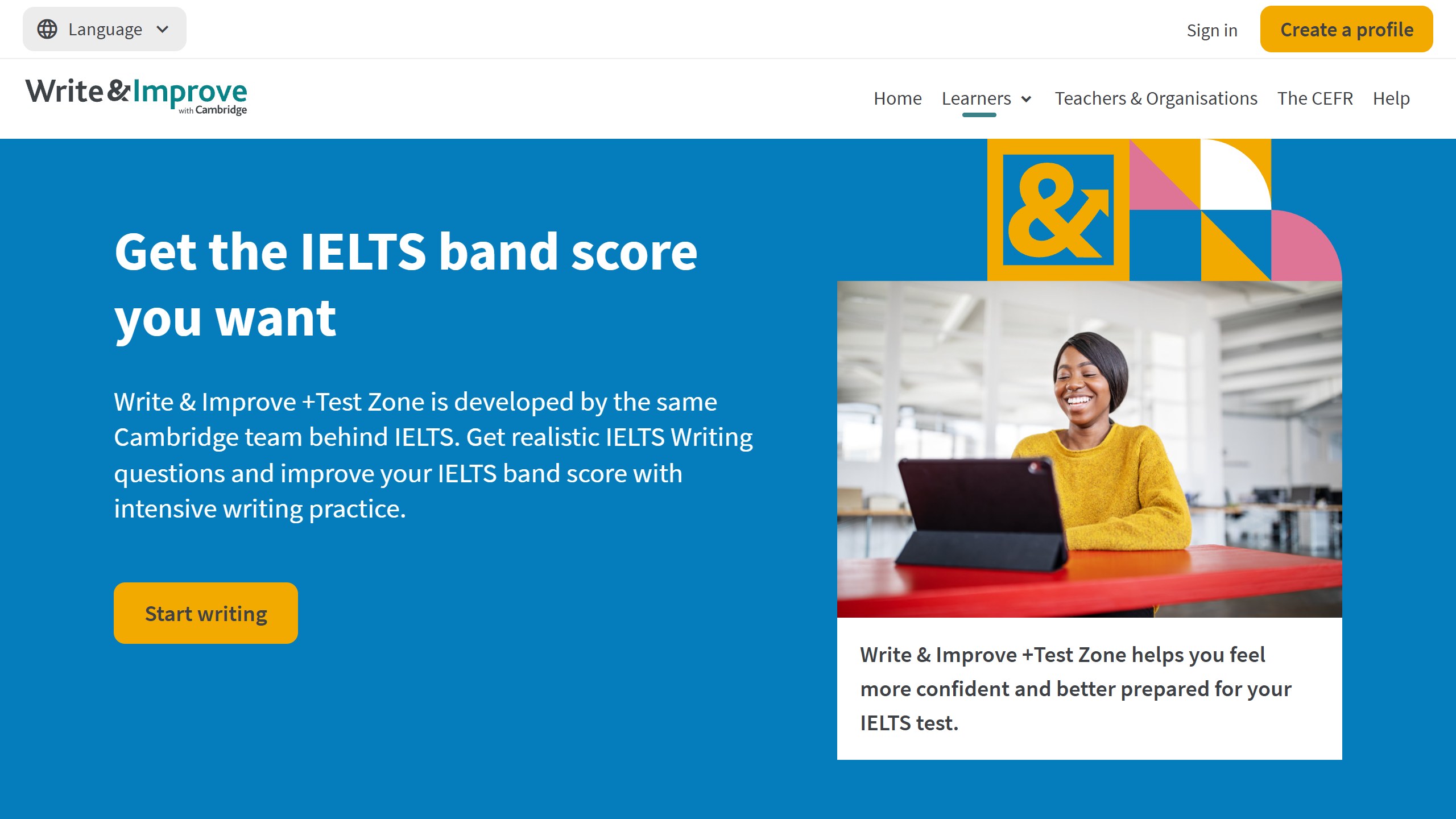 Cambridge Write and Improve Test Zone page headline Get the IELTS band score you want, saying it is developed by the same Cambridge team behind IELTS, with a Start writing button