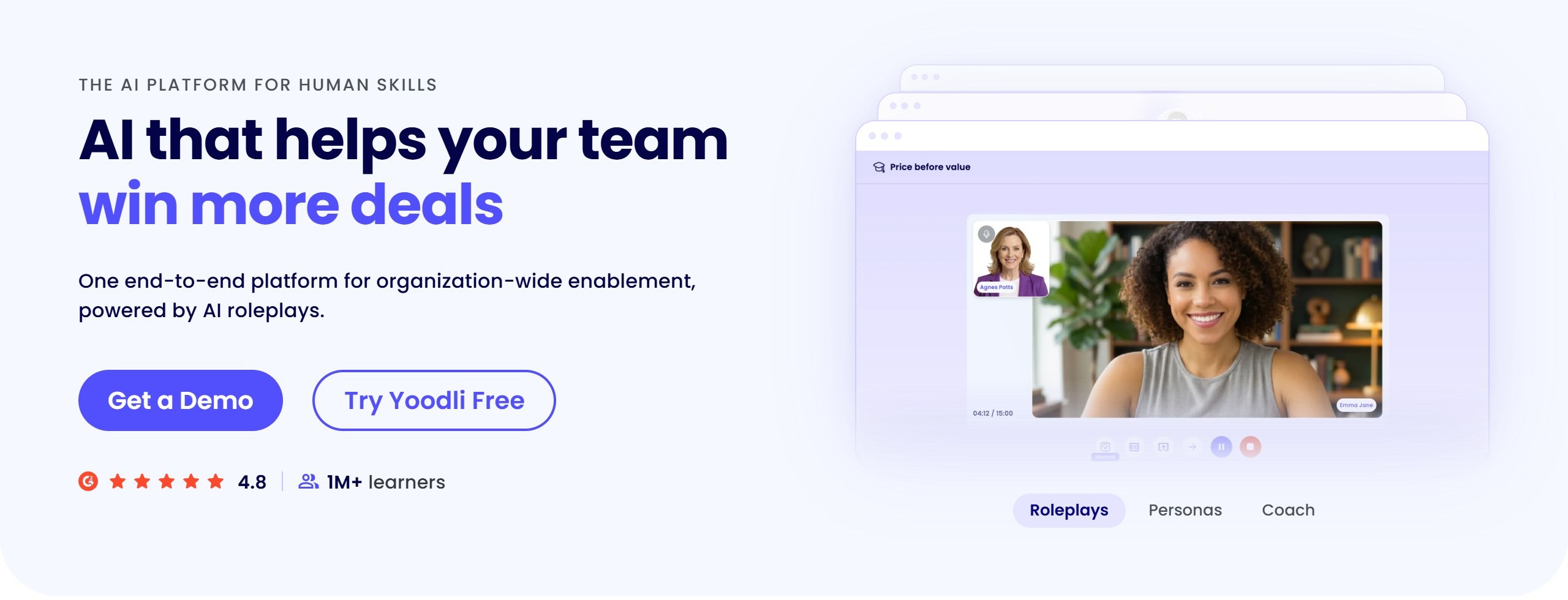 Yoodli homepage headline AI that helps your team win more deals, describing one end-to-end platform powered by AI roleplays, with Get a Demo and Try Yoodli Free buttons