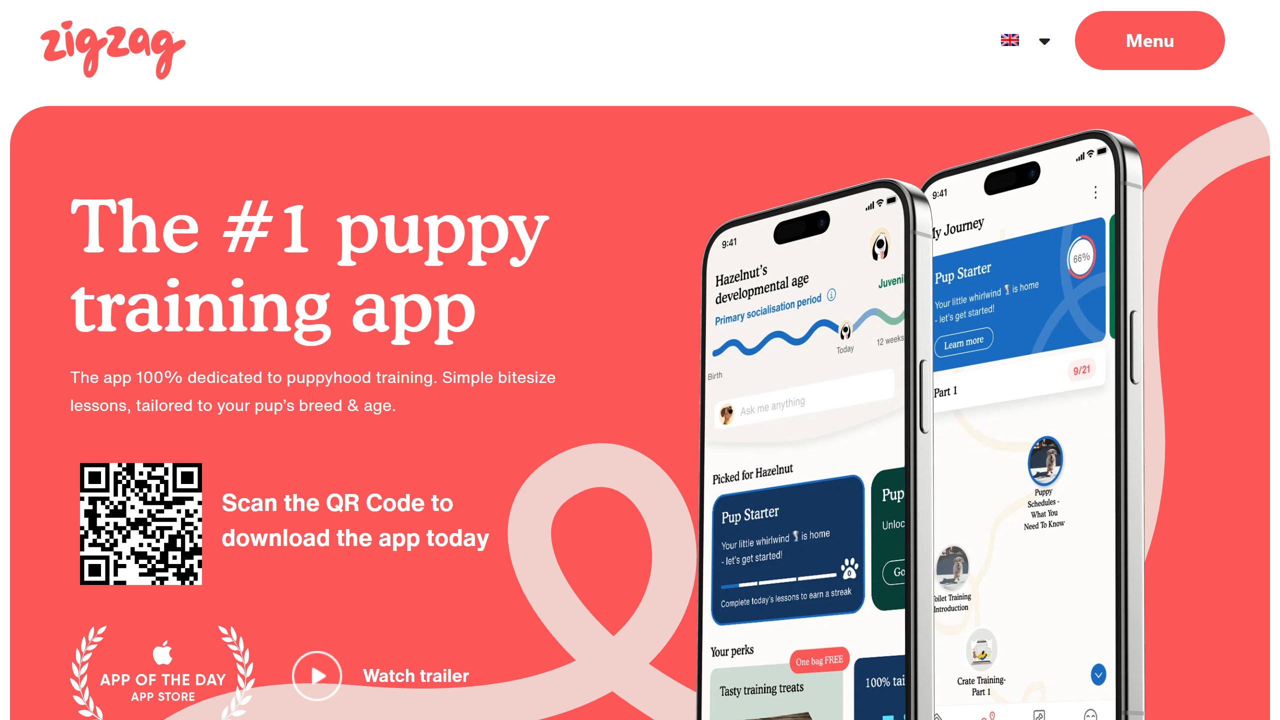 Zigzag homepage headline The #1 puppy training app, saying lessons are tailored to your pup's breed and age, beside phones showing an Ask me anything box and a Pup Starter course